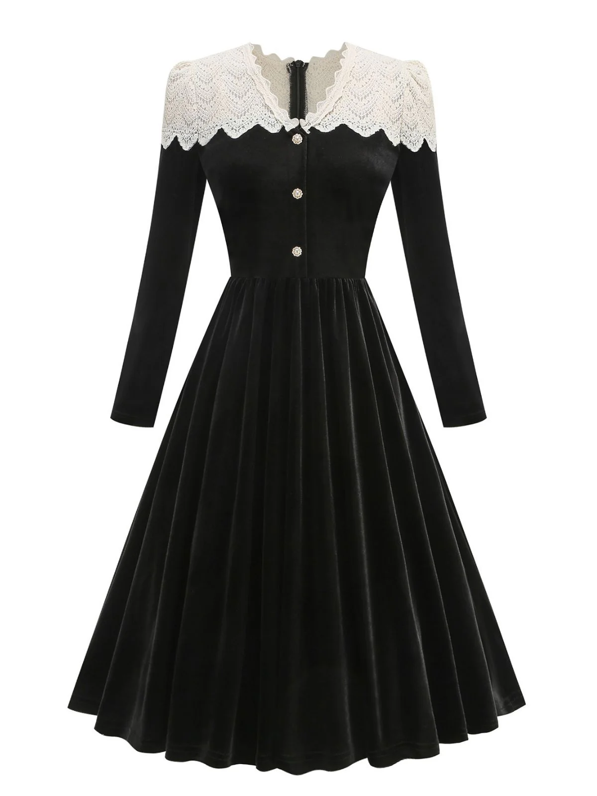 Black 1950s Velvet Knitted Collar Pearl Button Dress - Image 2