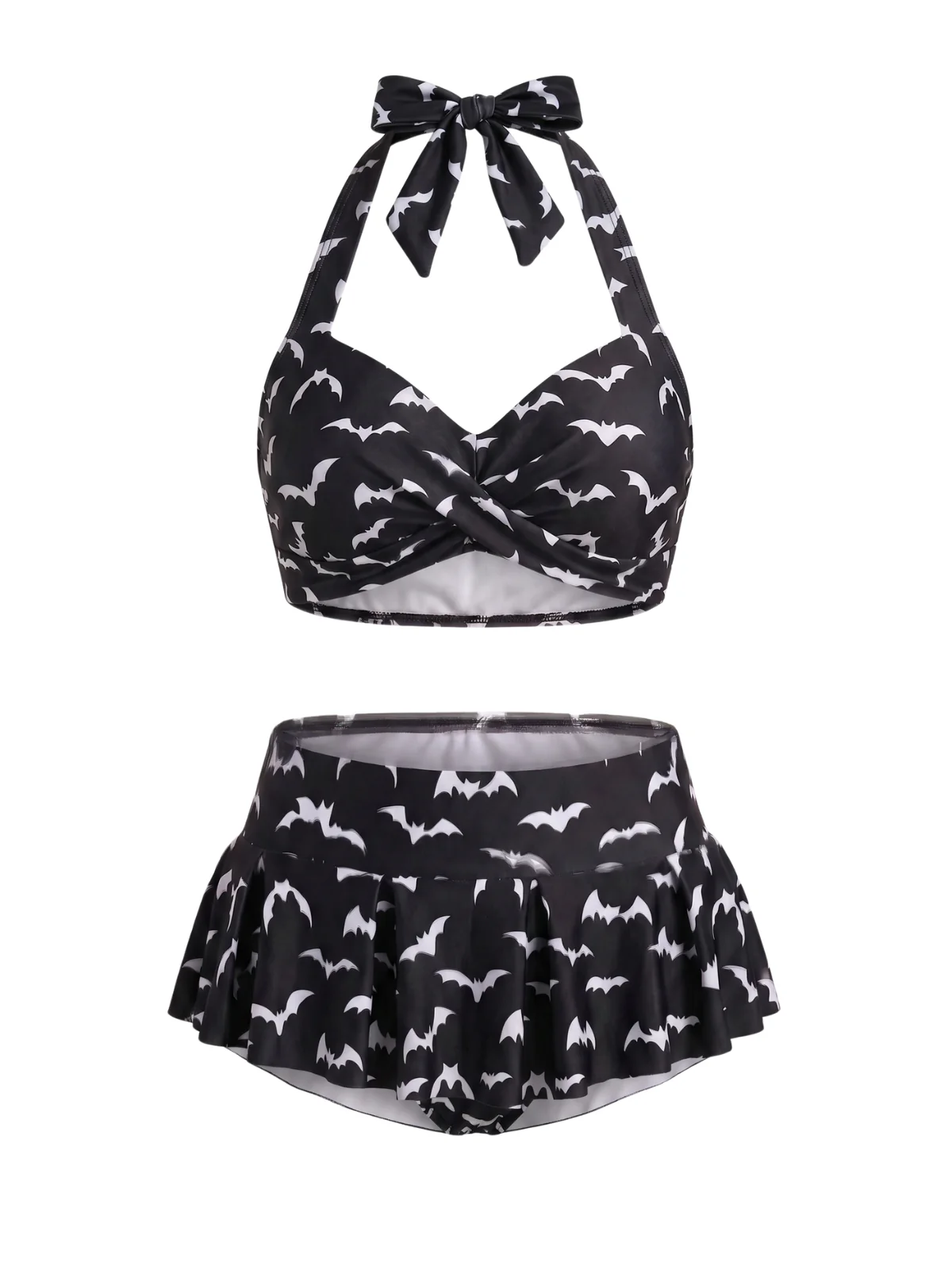 Black 1960s Bat Heart Embellished Bikini Set