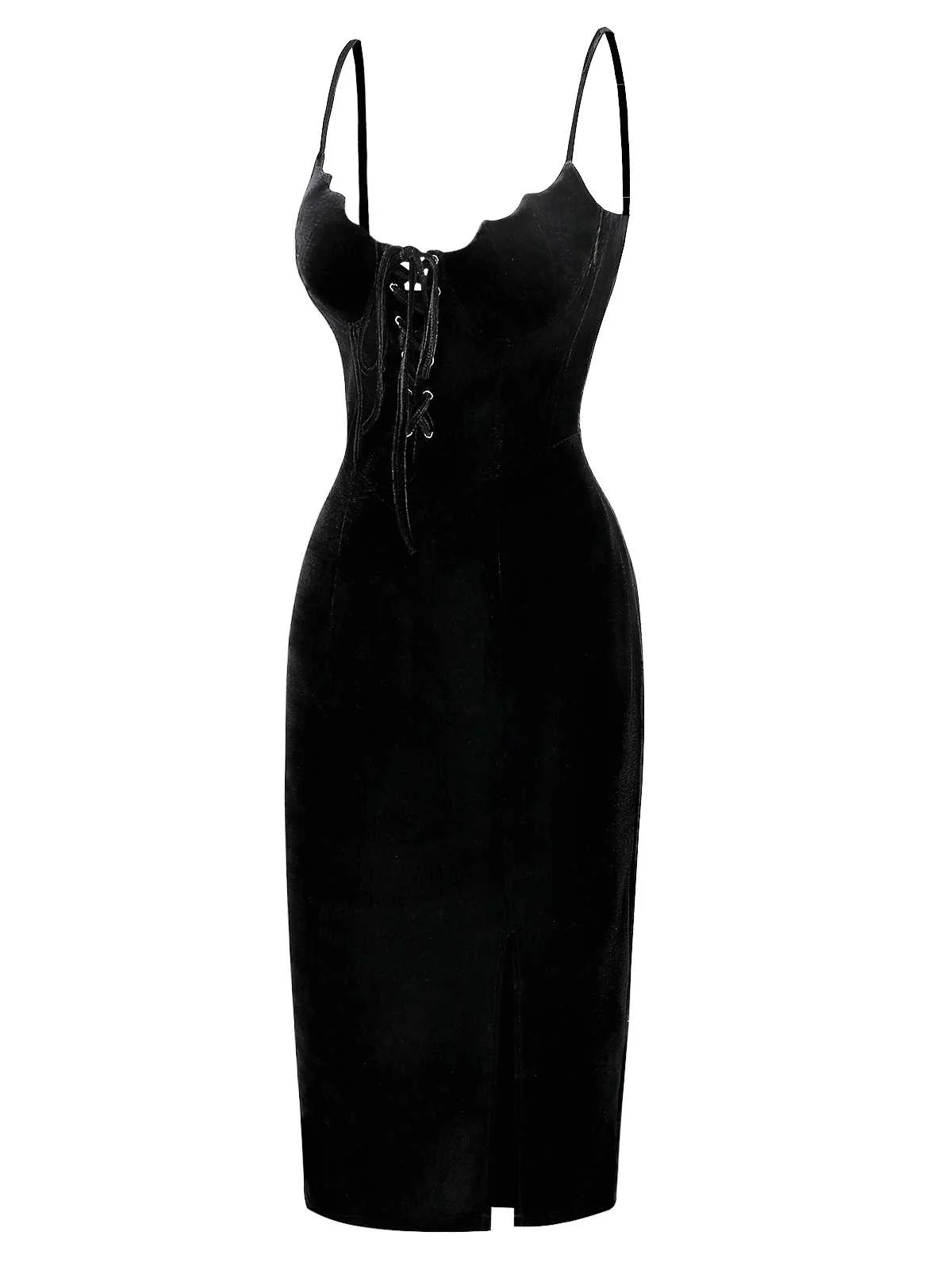 Black 1960s Bat Neckline Velvet Slit Dress - Image 3