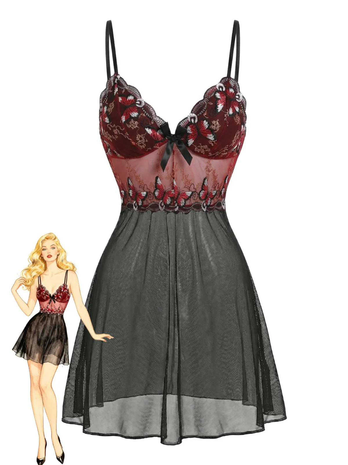 Black 1960s Butterfly Embroidered Bow Mesh Strap Nightgown