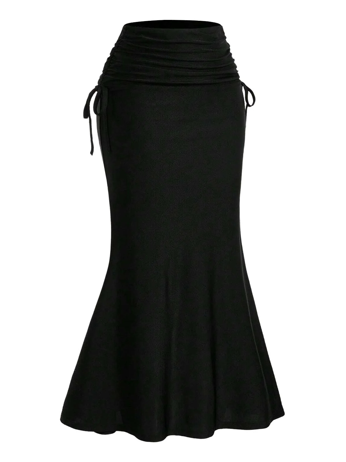 Black 1960s Gothic Ruched Mermaid Maxi Skirt