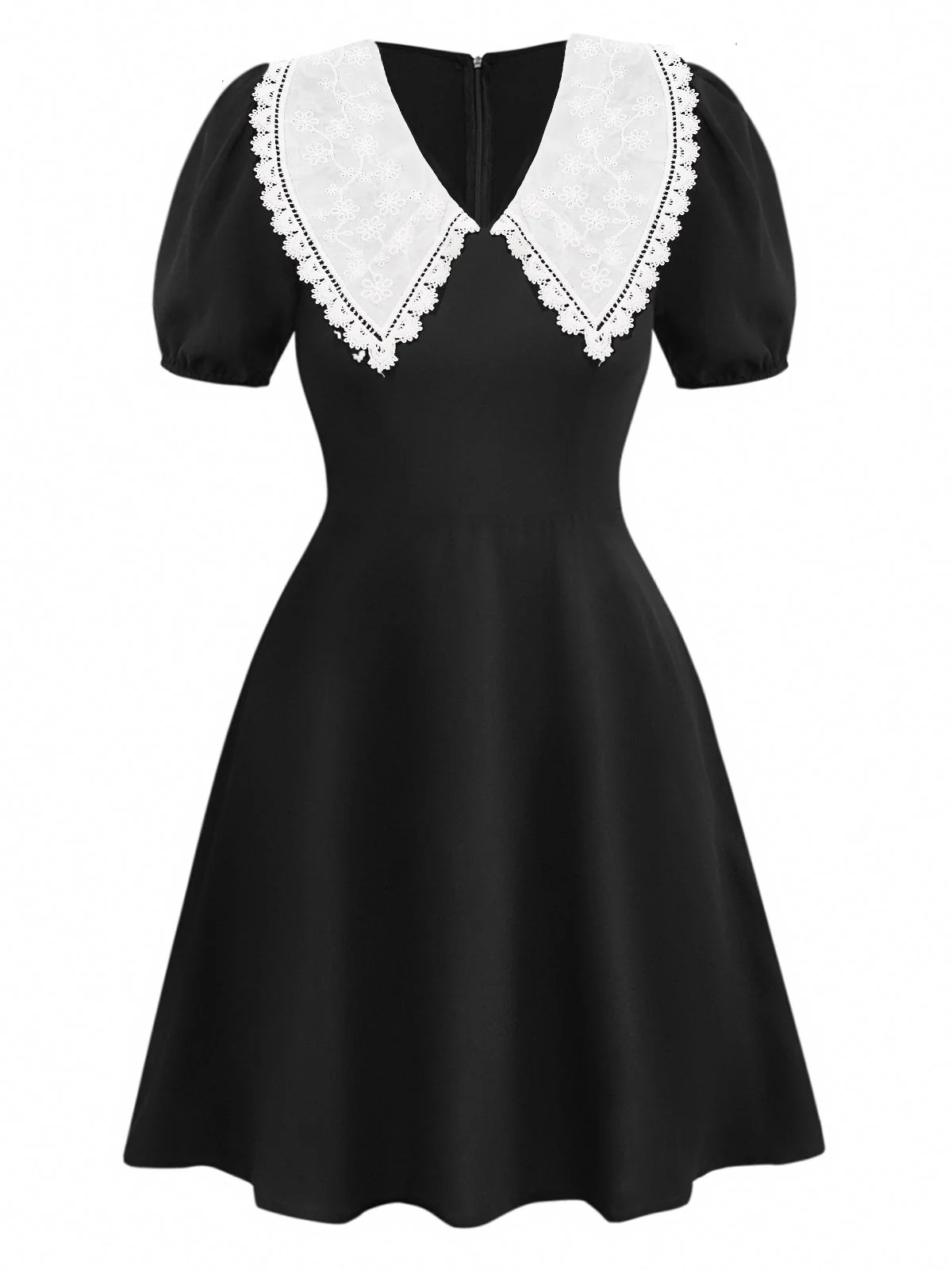 Black 1960s Lace Collar Puff Sleeve Dress