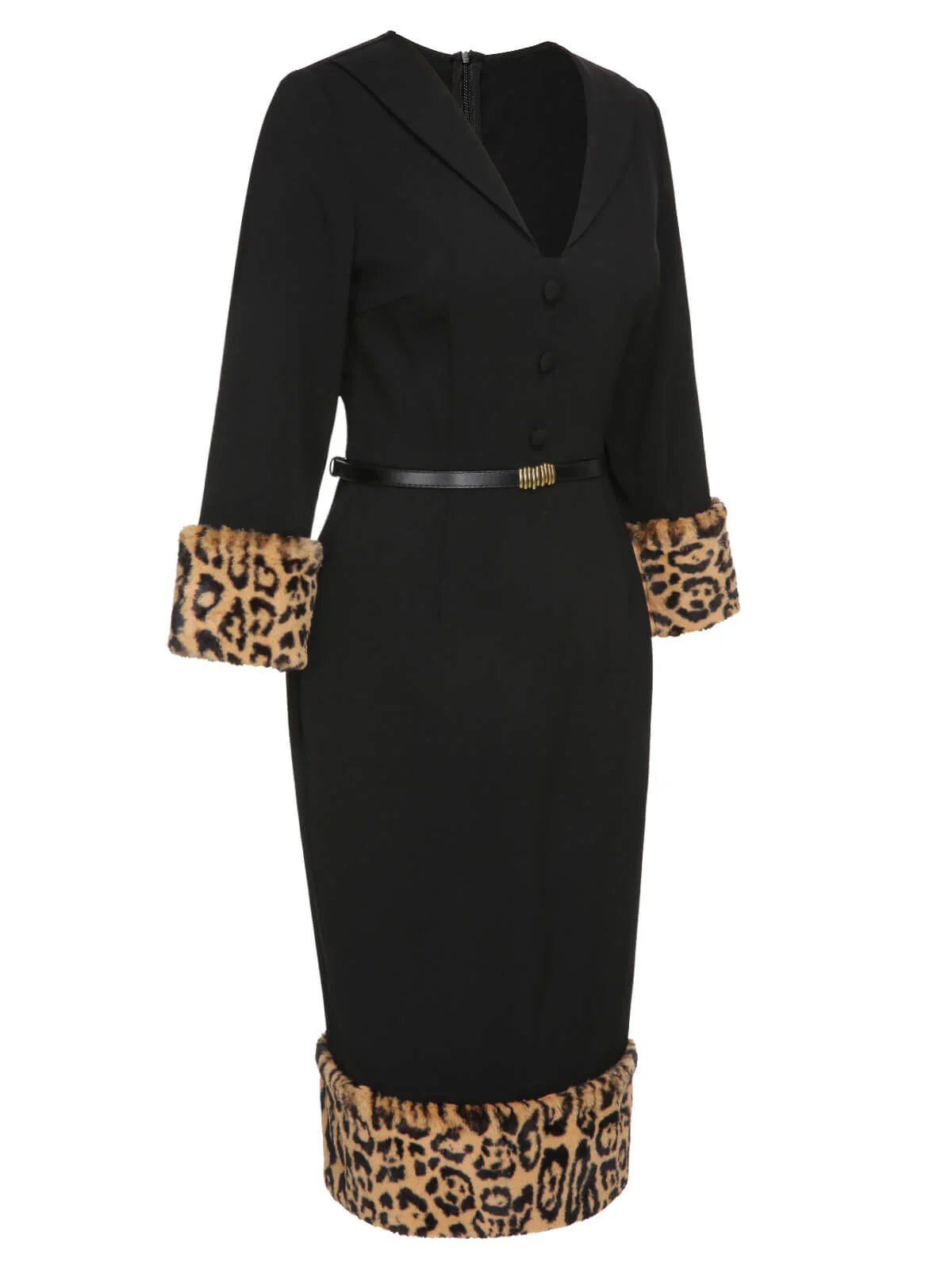 Black 1960s Leopard Plush V-Neck Pencil Dress - Image 7