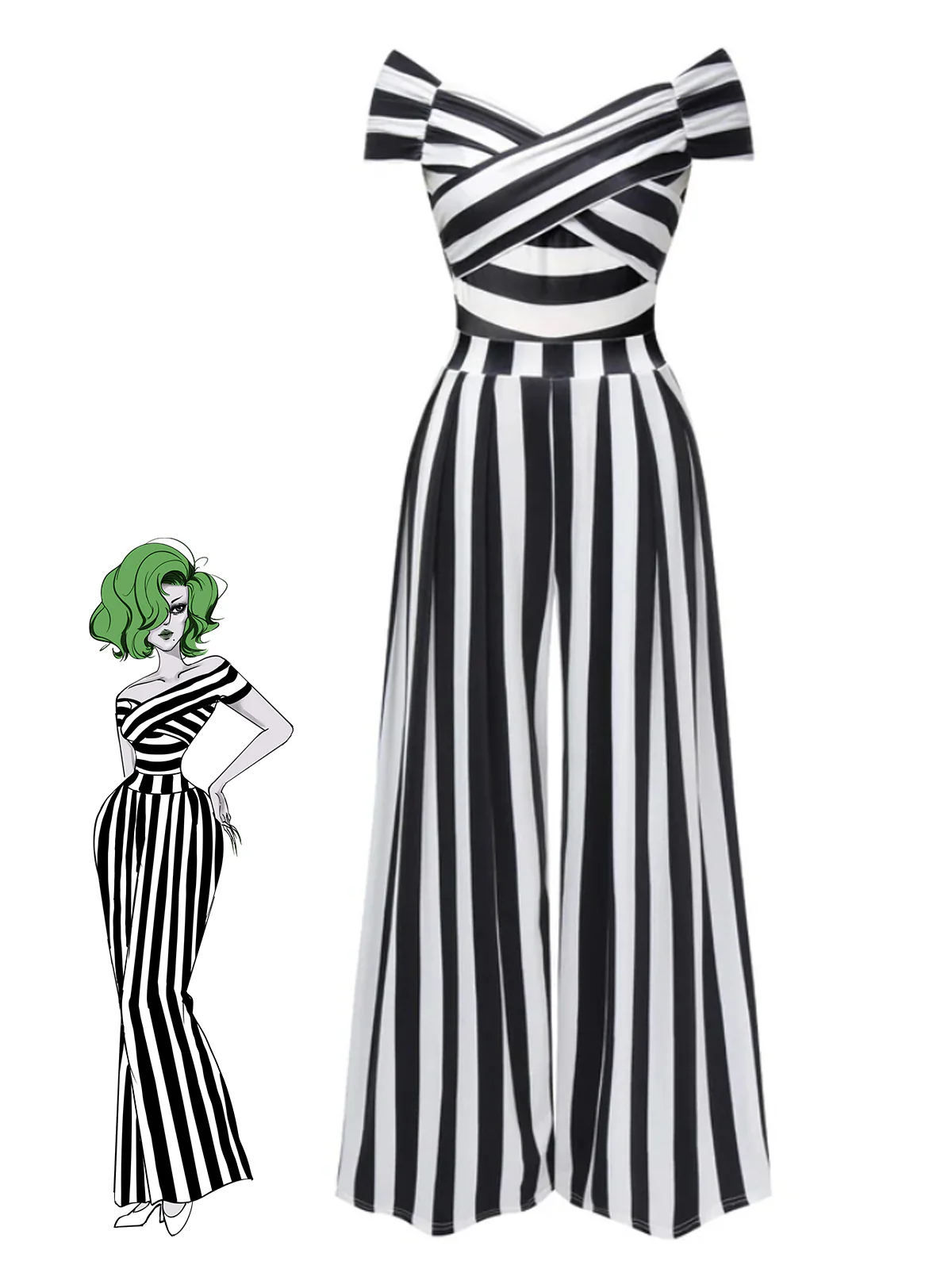 Black 1960s Off-Shoulder Stripes Jumpsuit - Image 2