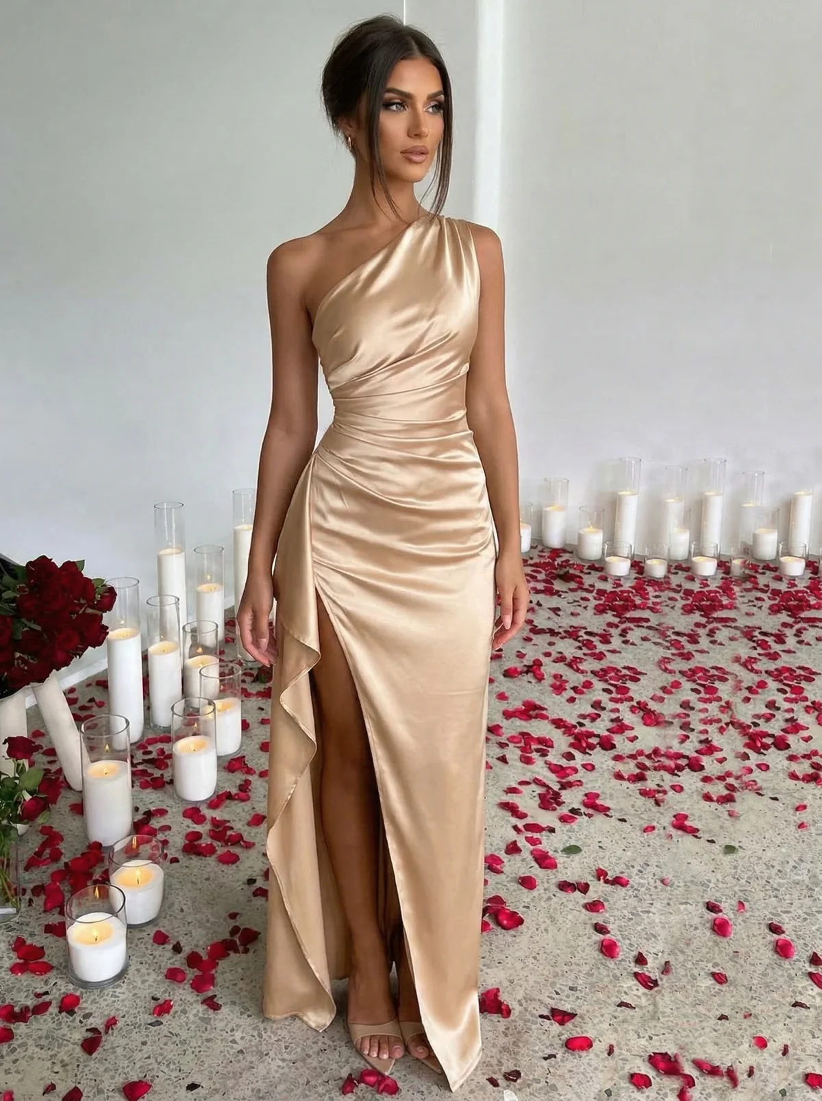 Black 1960s One Shoulder Ruched Slit Satin Dress - Image 13