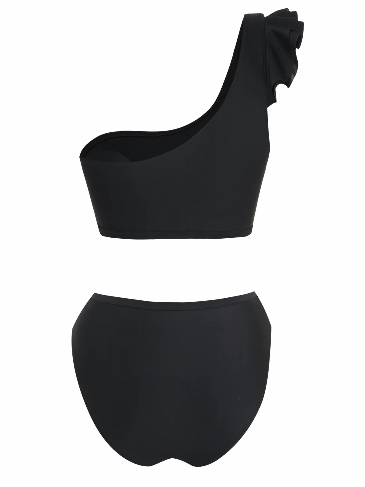 Black 1960s One-Shoulder Ruffle High-Waist Tankini Set - Image 3