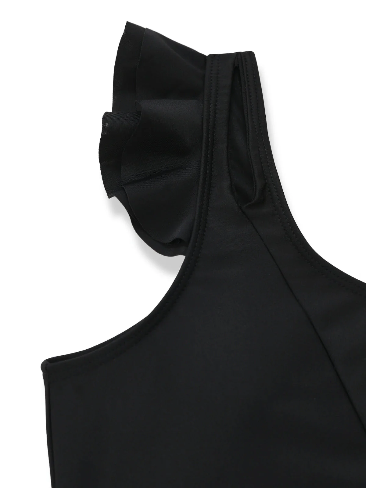Black 1960s One-Shoulder Ruffle High-Waist Tankini Set - Image 4