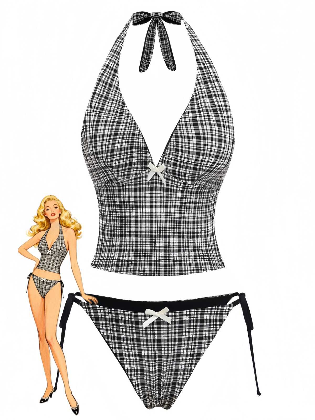 Black 1960s Plaid Deep V Halter Tankini Set