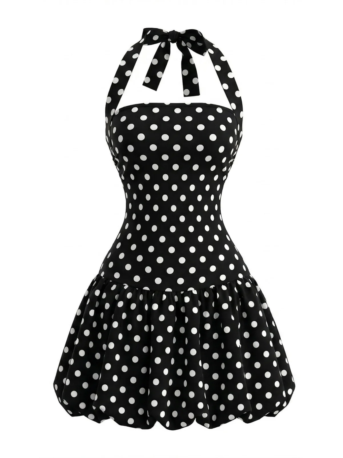 Black 1960s Polka Dot Halter Bubble Dress