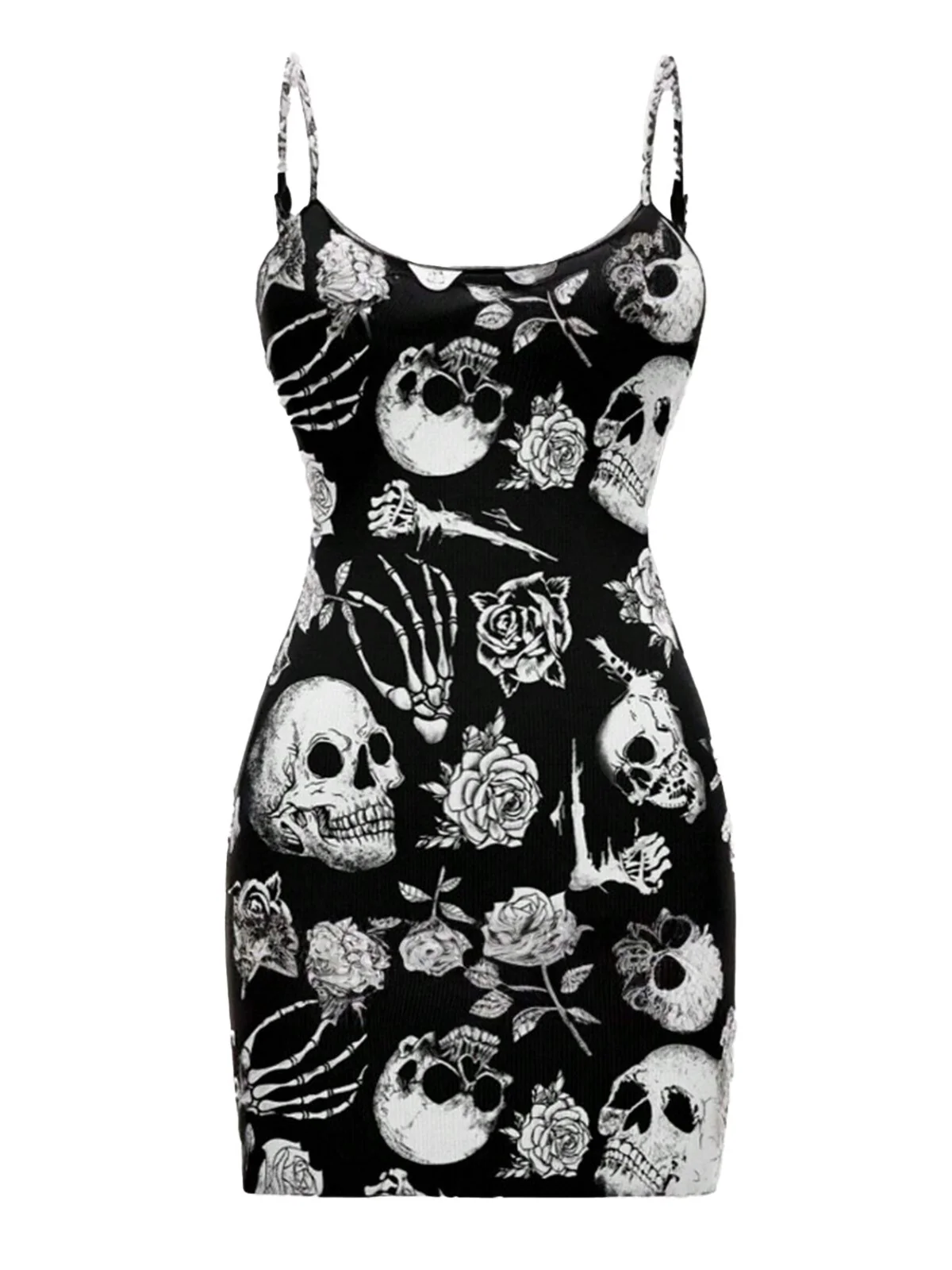 Black 1960s Skull Rose Halloween Bodycon Dress