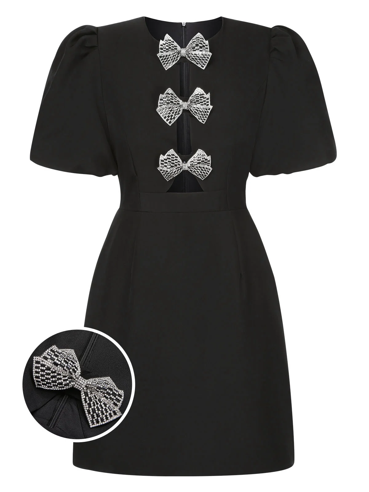 Black 1960s Solid Bow Hollow Puff Dress