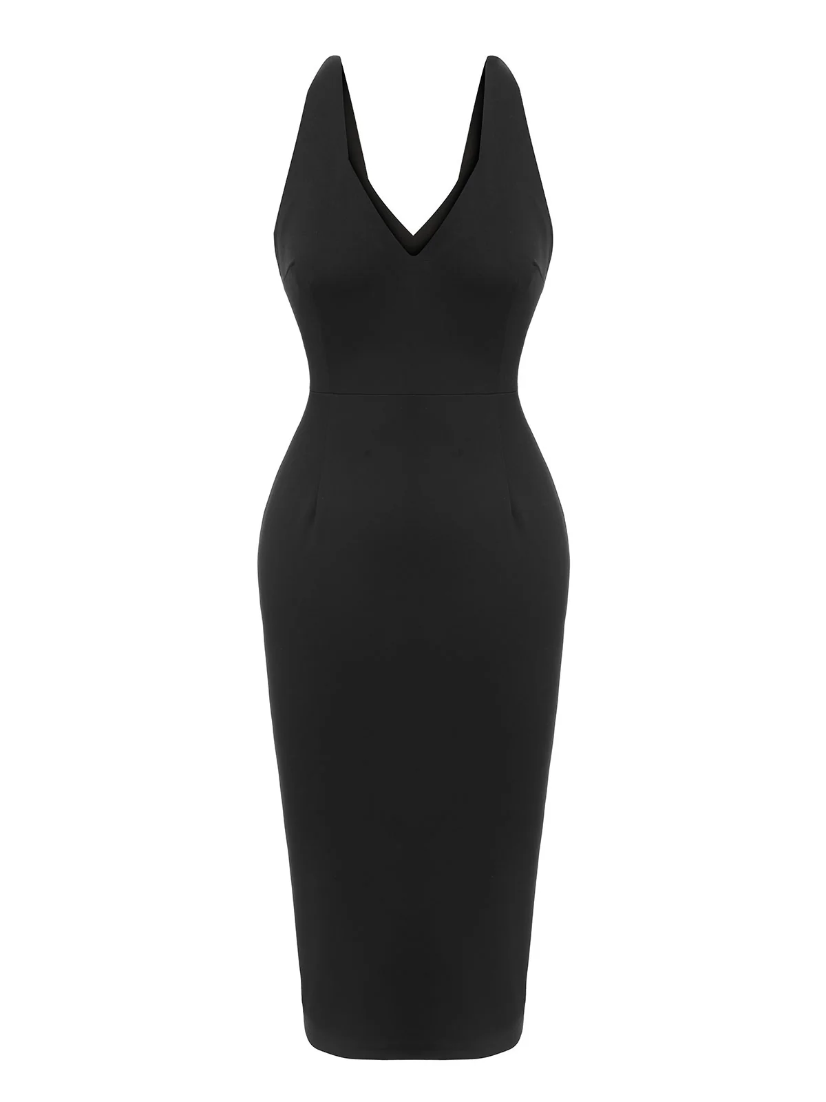 Black 1960s V-Neck Solid Bodycon Dress - Image 2