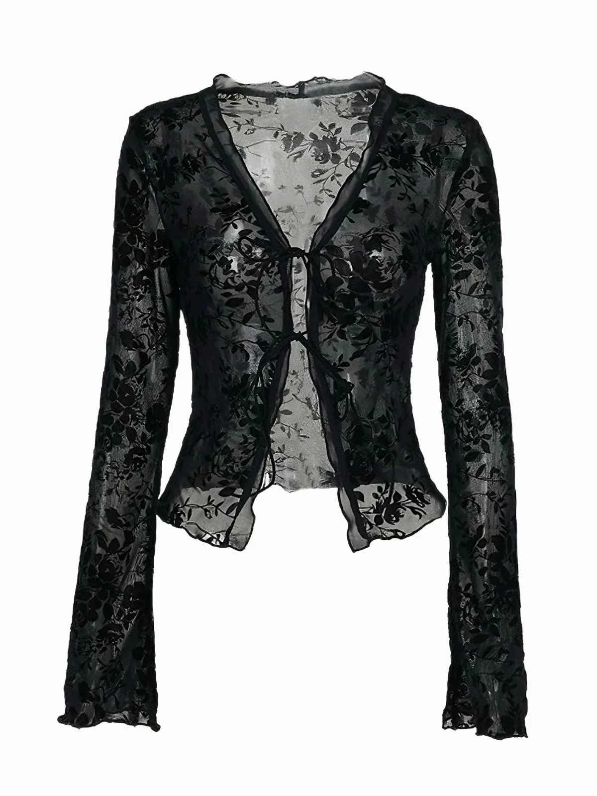 Black 1960s Water-soluble Lace Trim Sheer Blouse