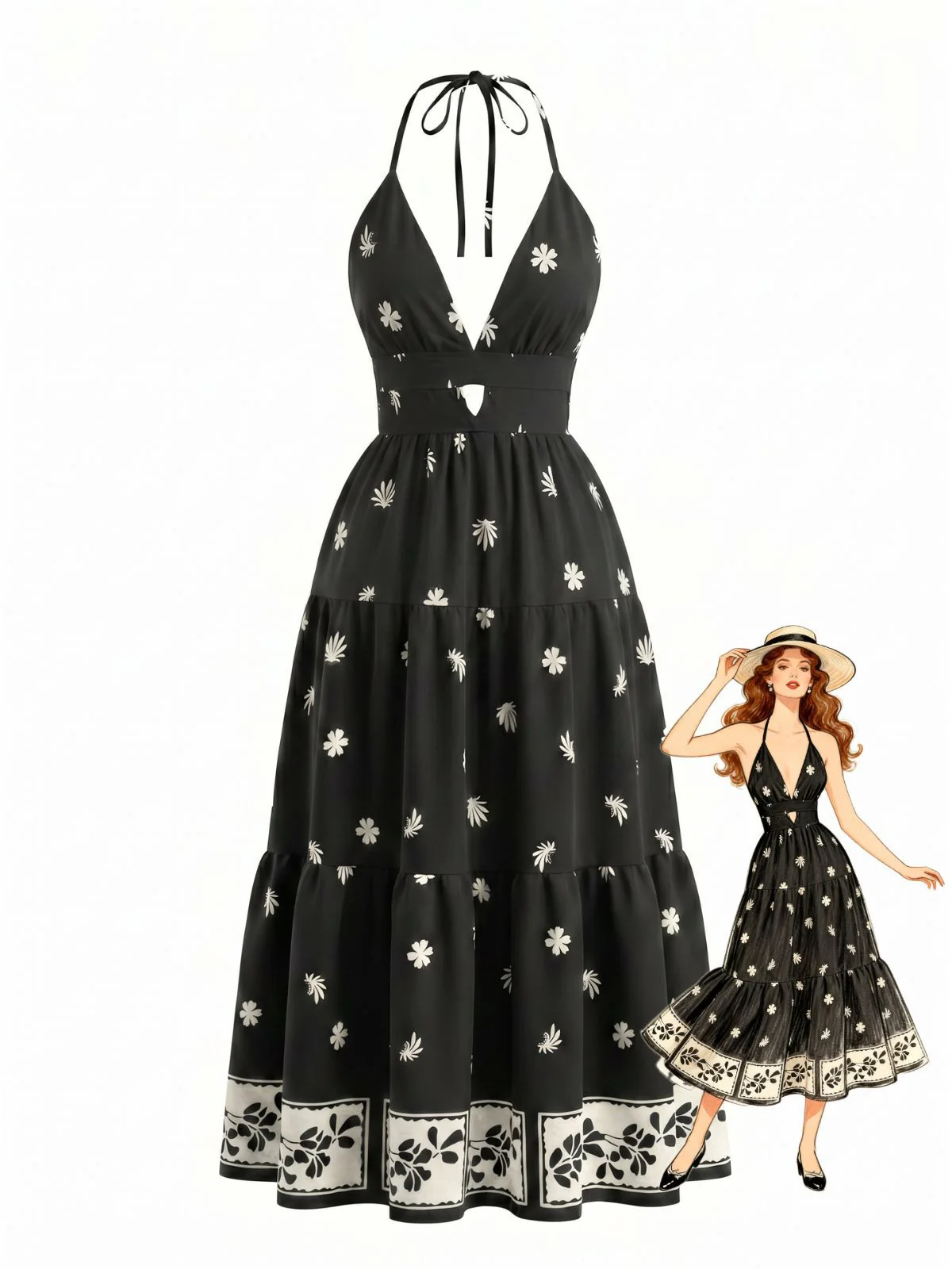 Black 1970s Bohemian Halter Backless Maxi Dress