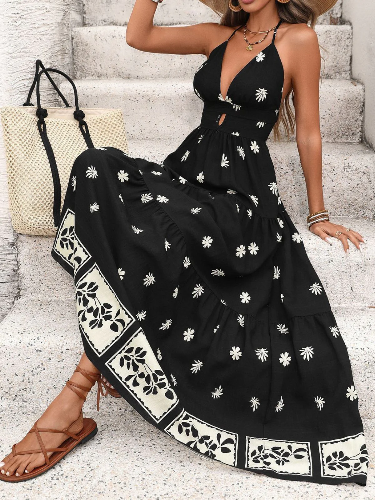 Black 1970s Bohemian Halter Backless Maxi Dress - Image 3