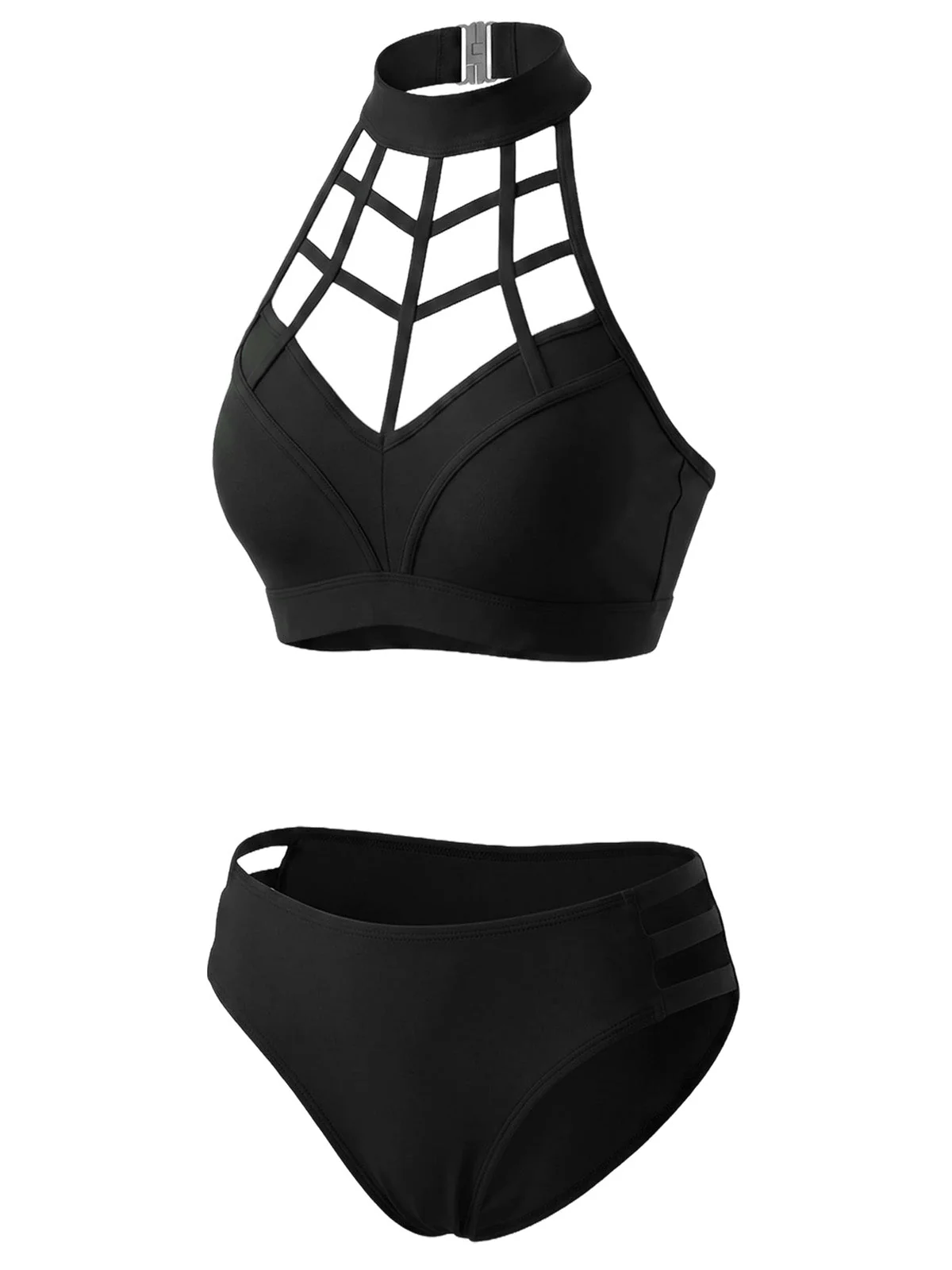 Black 1970s Caged Halter Gothic Cutout Bikini Set - Image 3