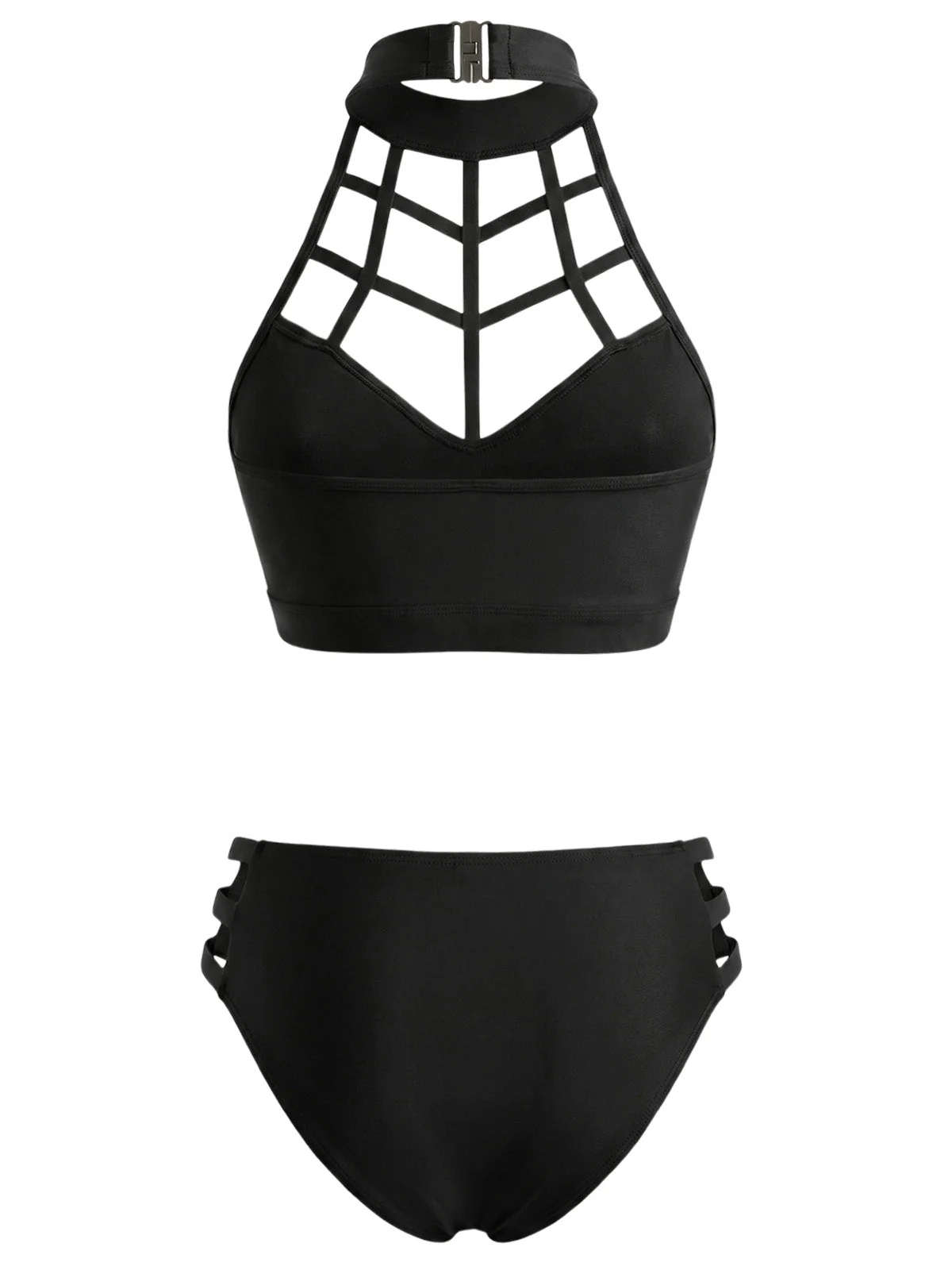 Black 1970s Caged Halter Gothic Cutout Bikini Set - Image 4