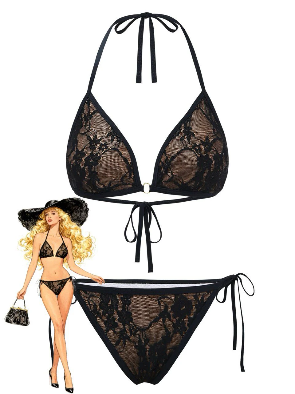 Black 1970s Halter Floral Lace Bikini Set