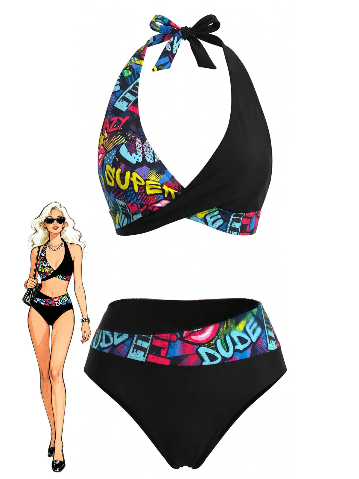 Black 1970s Halter Graffiti Print Patchwork Swimsuit