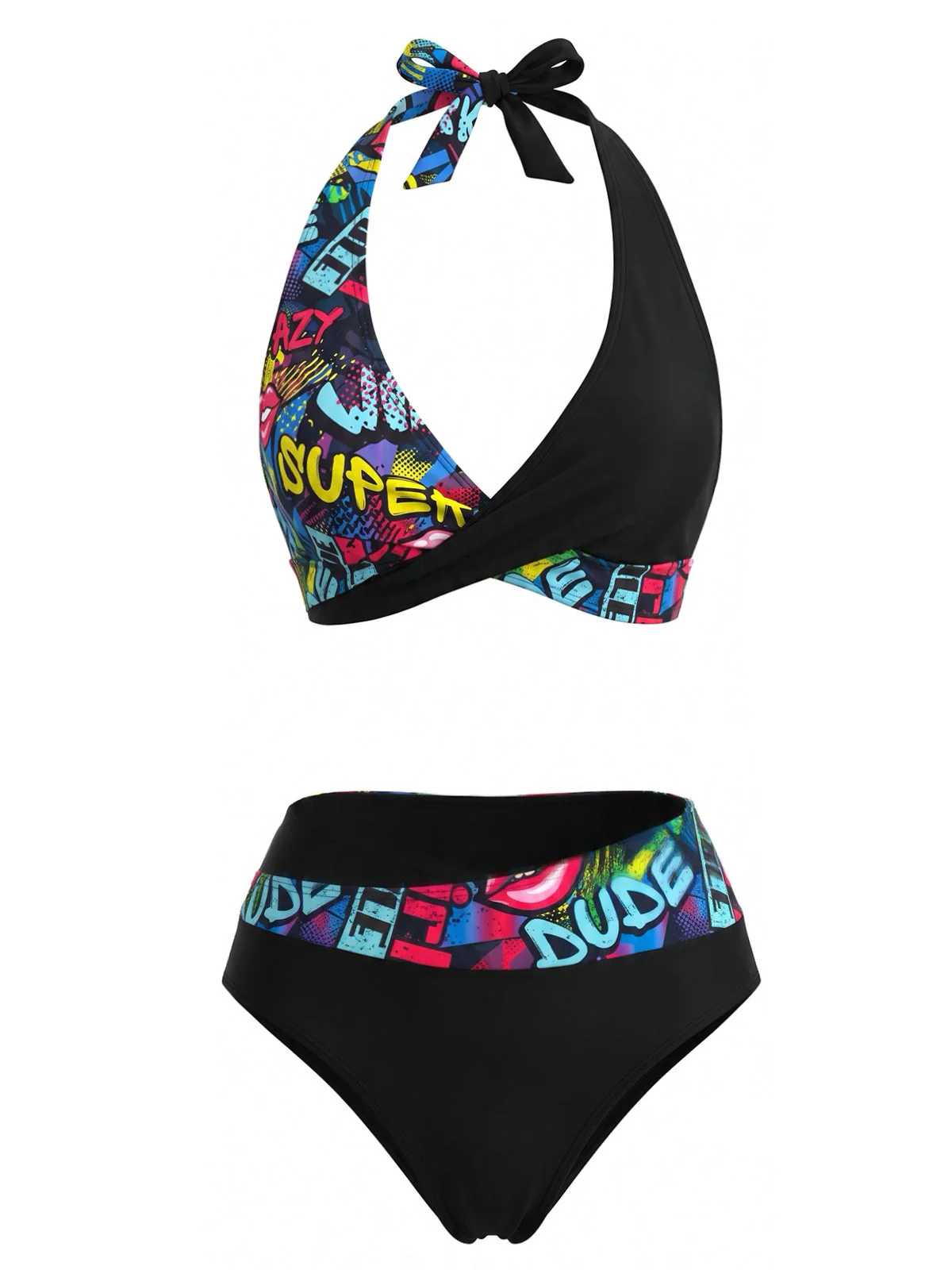 Black 1970s Halter Graffiti Print Patchwork Swimsuit - Image 2