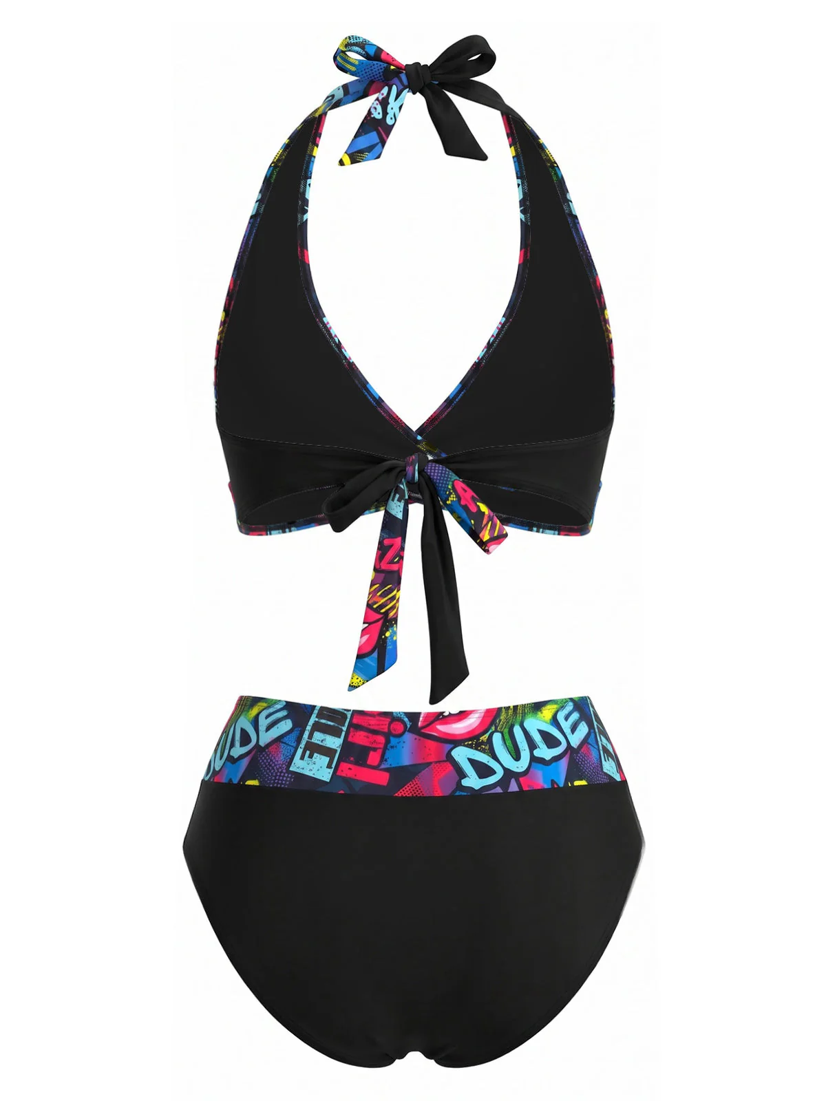 Black 1970s Halter Graffiti Print Patchwork Swimsuit - Image 3