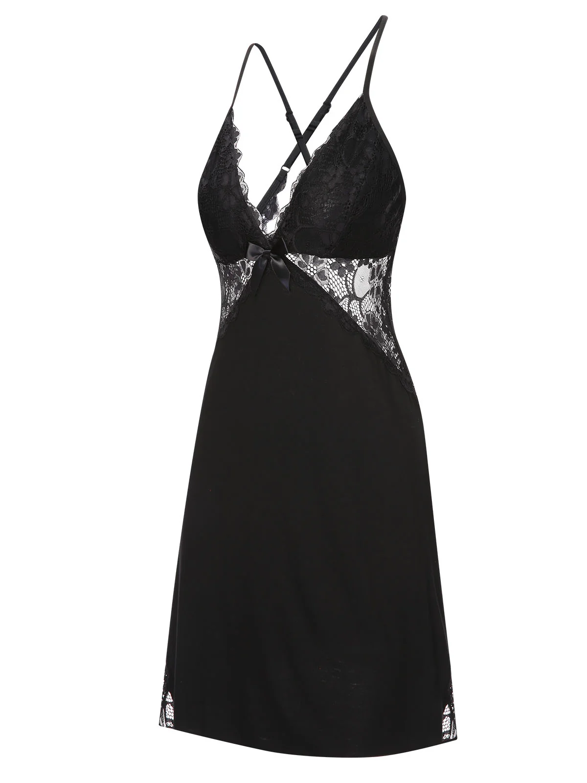 Black 1970s Lace Patchwork Spaghetti Straps Nightgown - Image 2