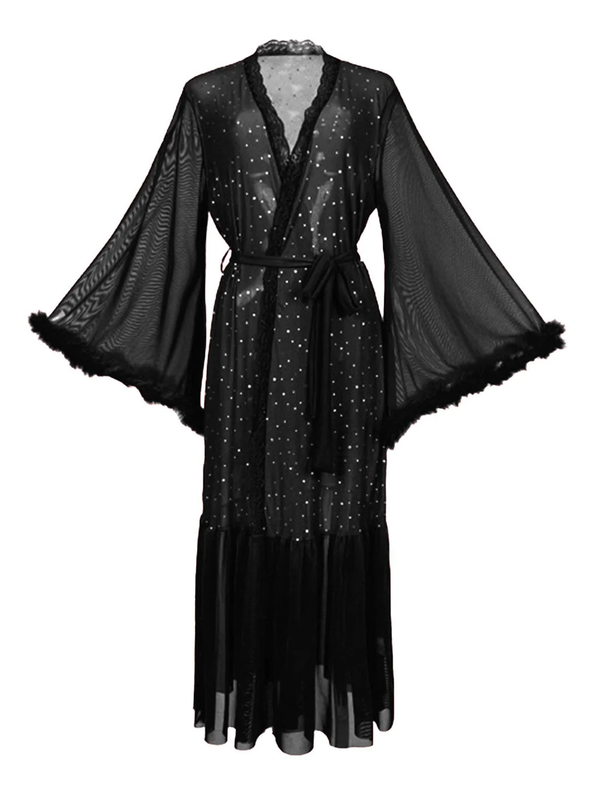 Black 1970s Sheer Glitter Mesh Belted Robes