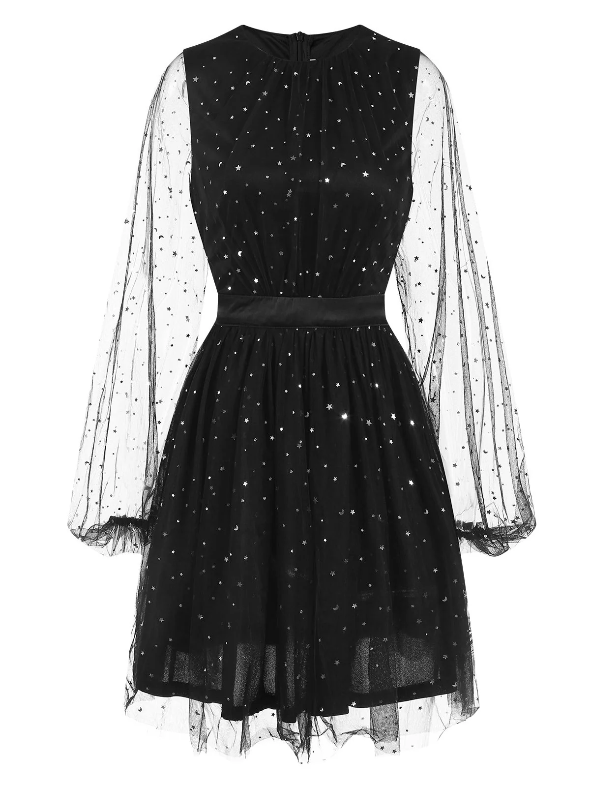 Black 1970s Star Sequins Lantern Sleeve Dress - Image 4
