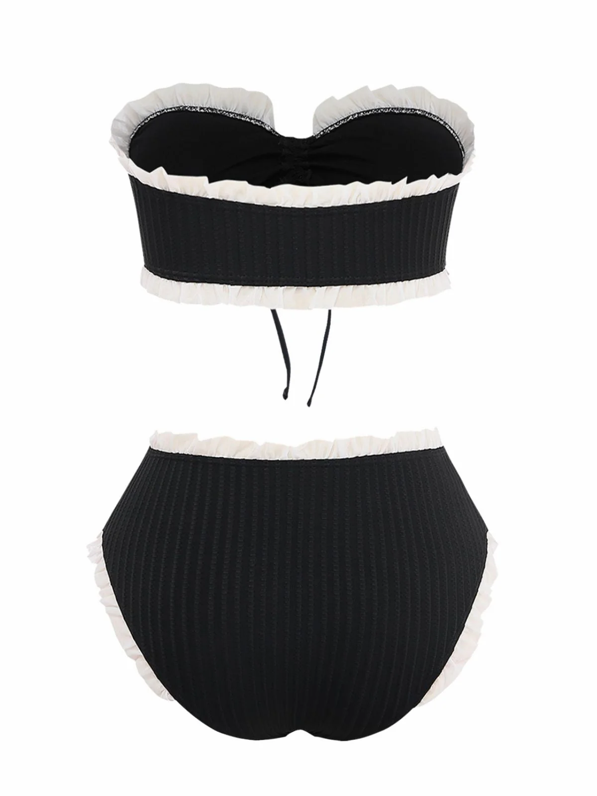 Black 1970s Strapless Contrast Ruffle Trim Bikini Set - Image 3