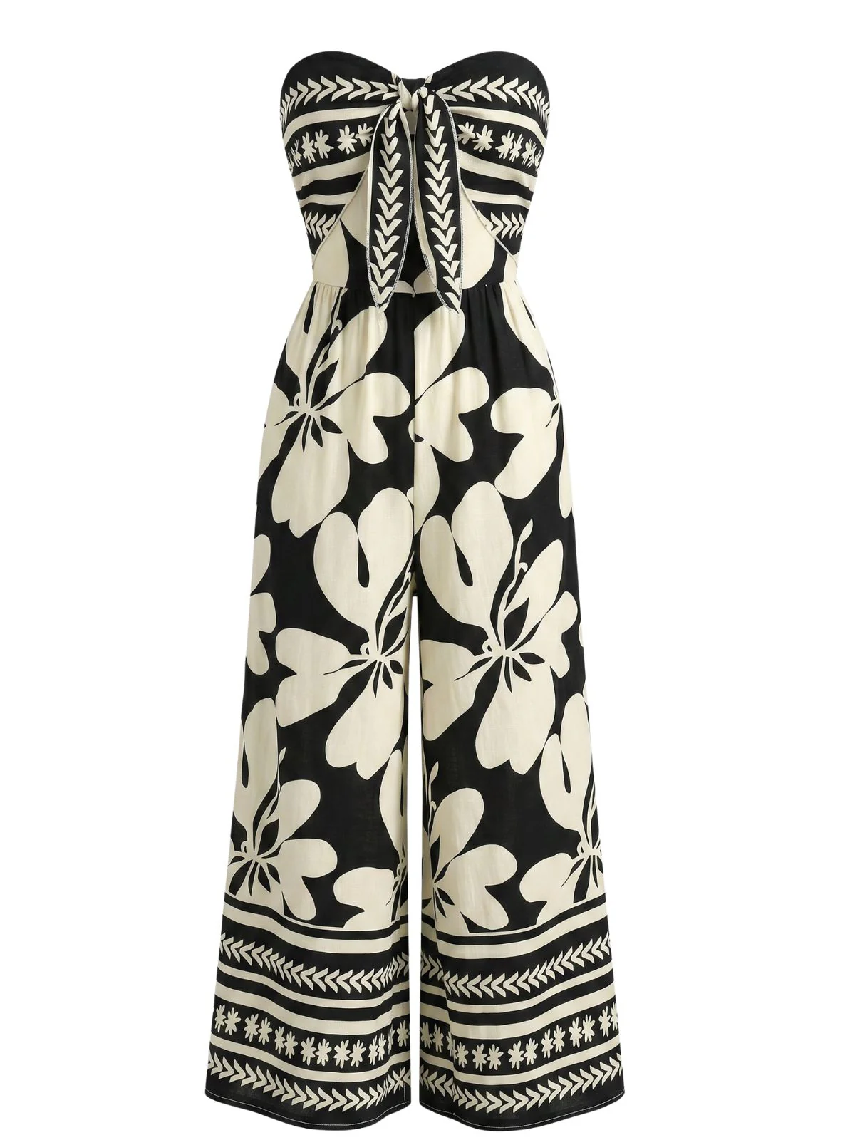 Black 1970s Tie-Front Big Floral Strapless Jumpsuit - Image 2