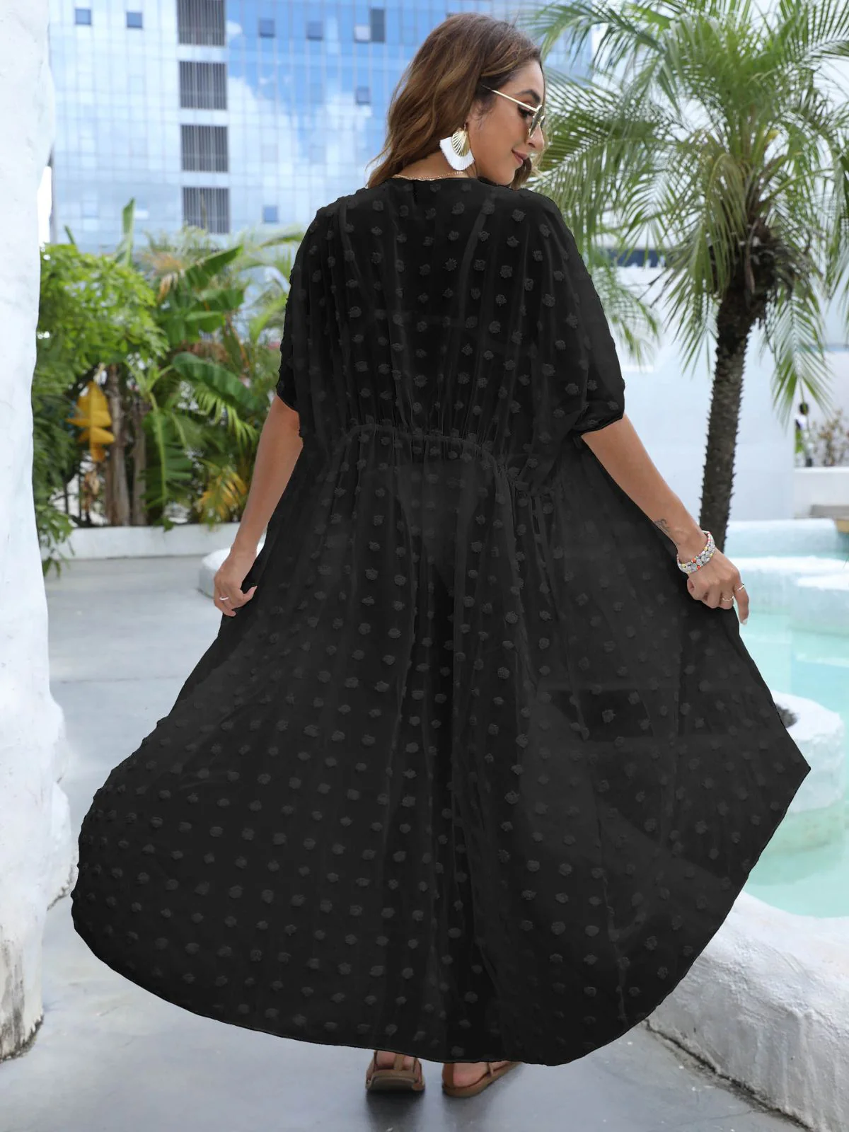 Black 1970s Tie Sheer Polka Dot Maxi Cover-Up Dress - Image 4