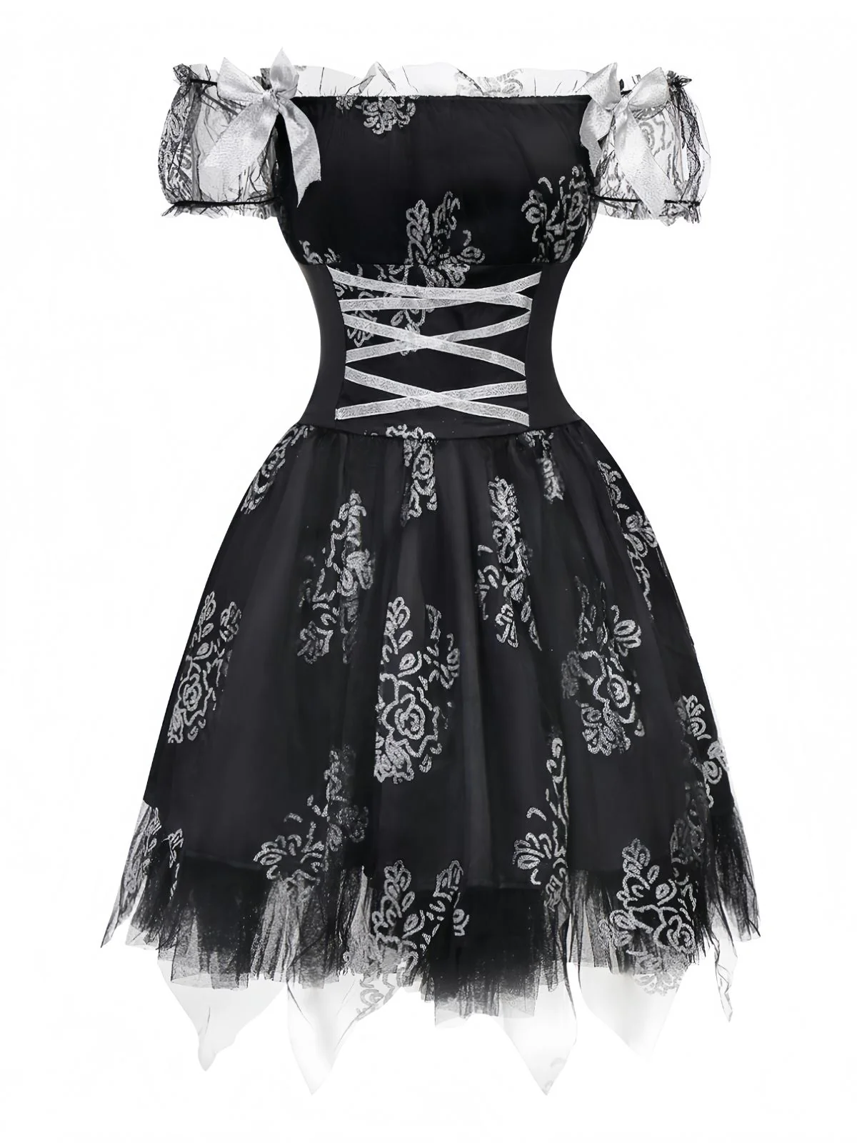 Black 1970s Vampire Bride Off-Shoulder Mesh Dress
