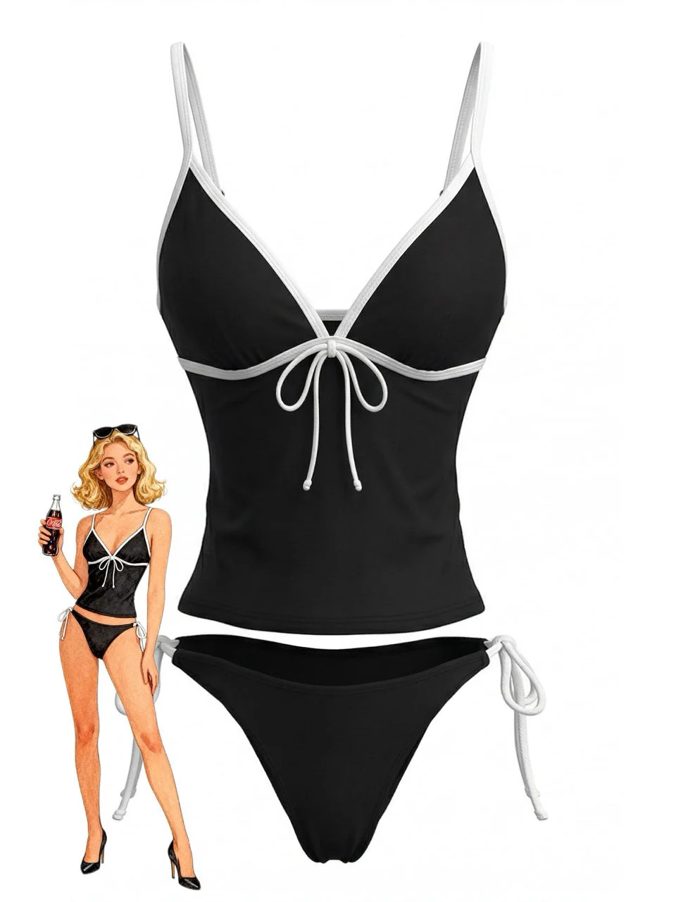 Black 1980s Contrast Trim Bow Tankini Set