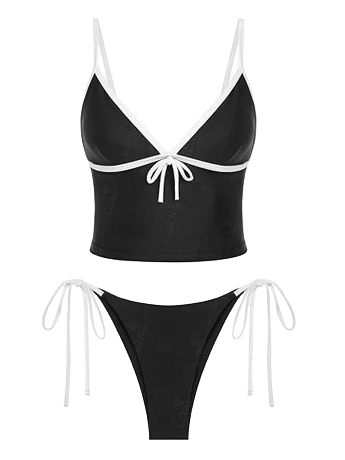 Black 1980s Contrast Trim Bow Tankini Set - Image 2