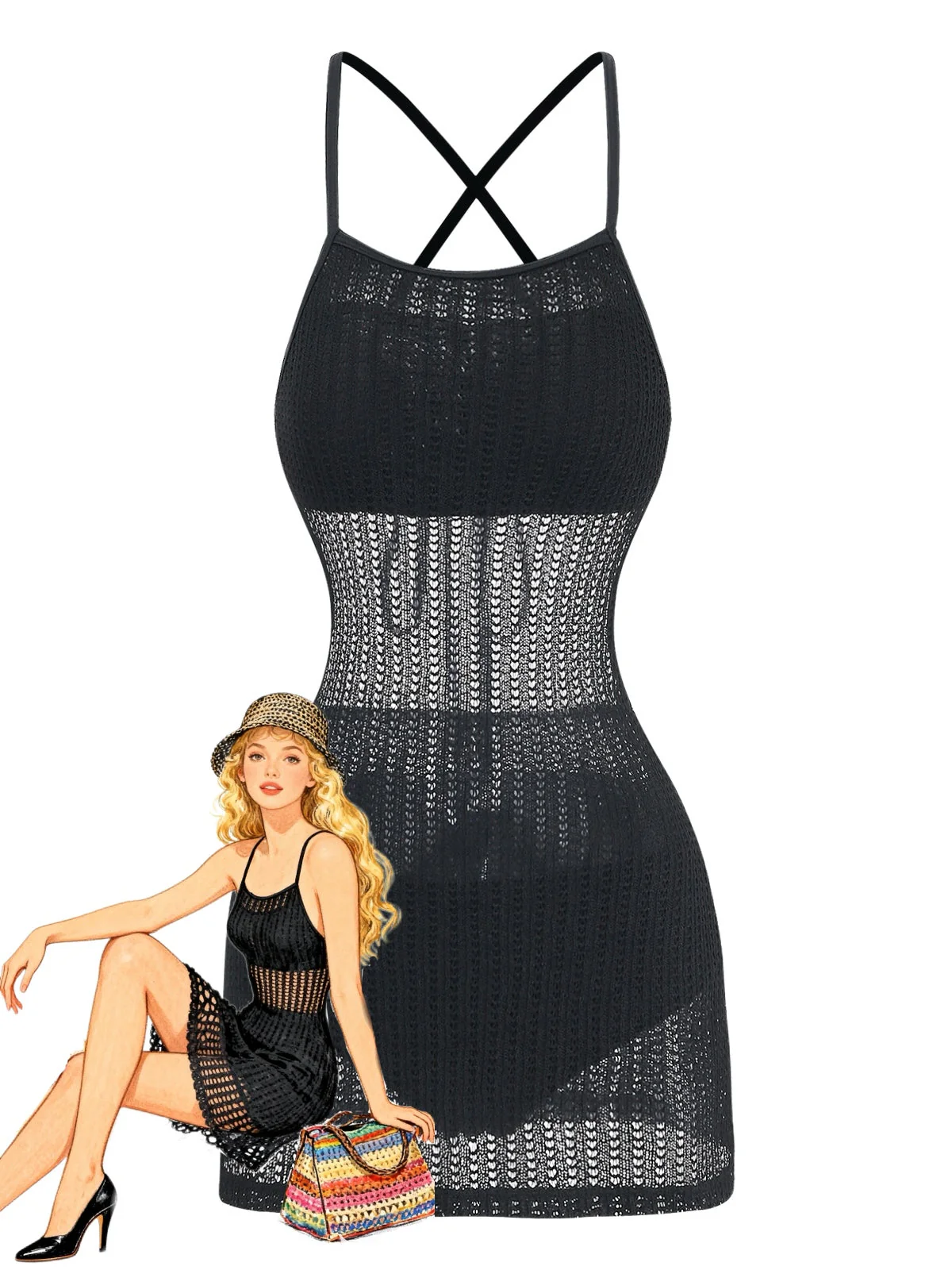 Black 1980s Crochet Crisscross Sleeveless Knit Swim Dress