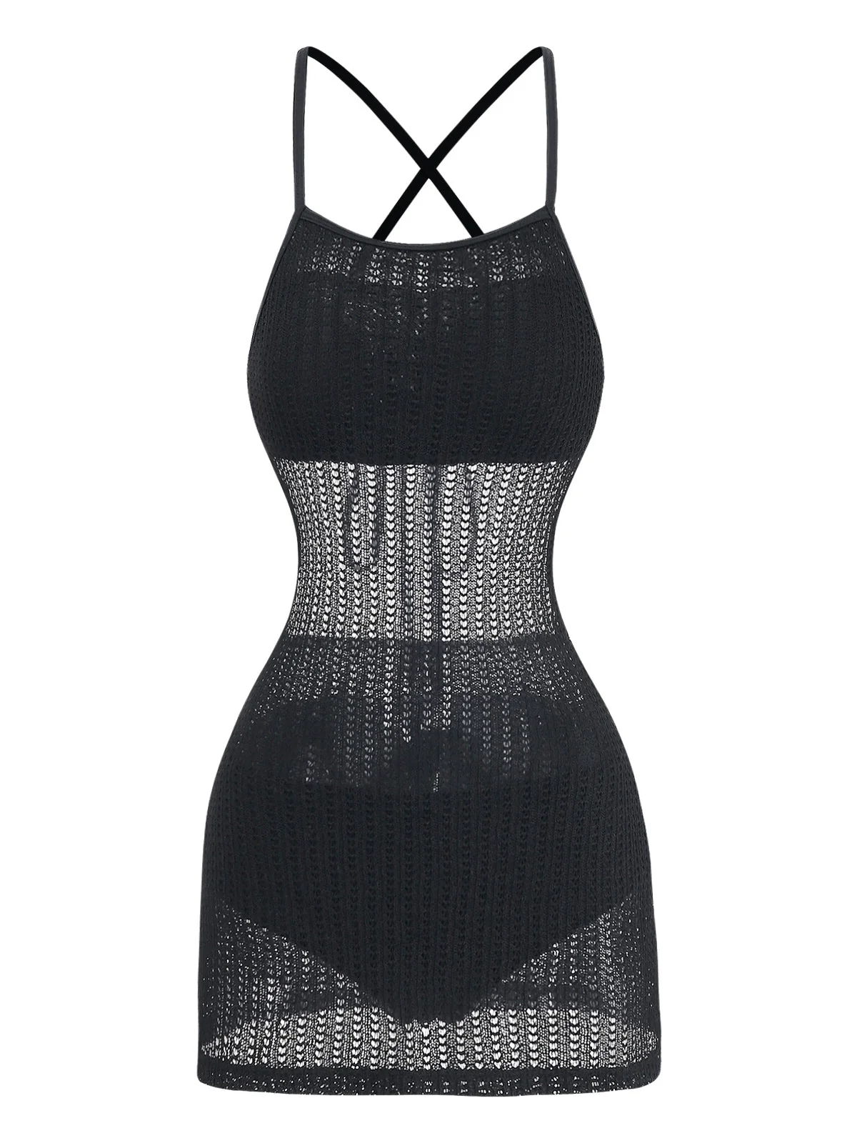 Black 1980s Crochet Crisscross Sleeveless Knit Swim Dress - Image 2