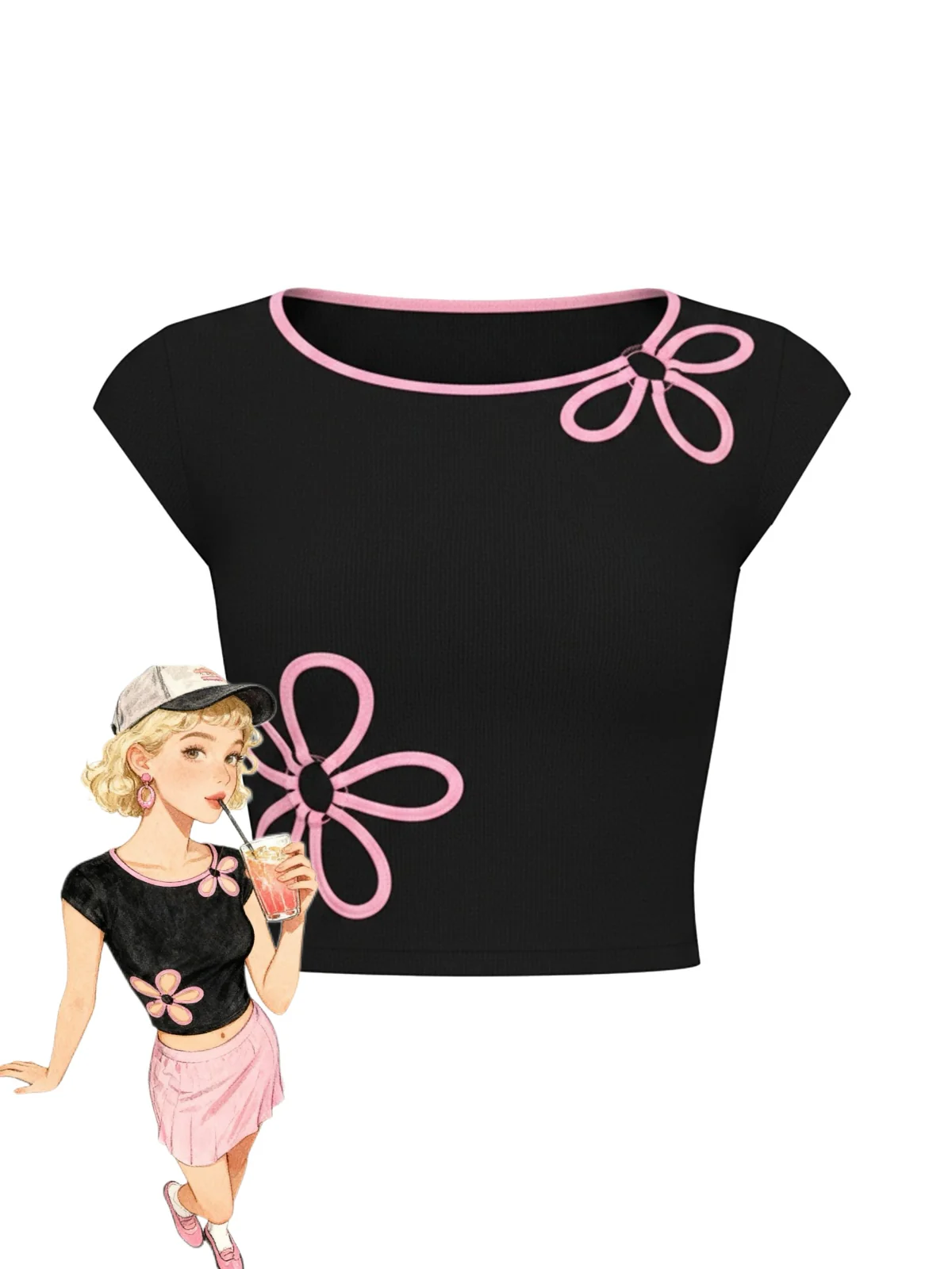 Black 1980s Cutout Flower Crop Top