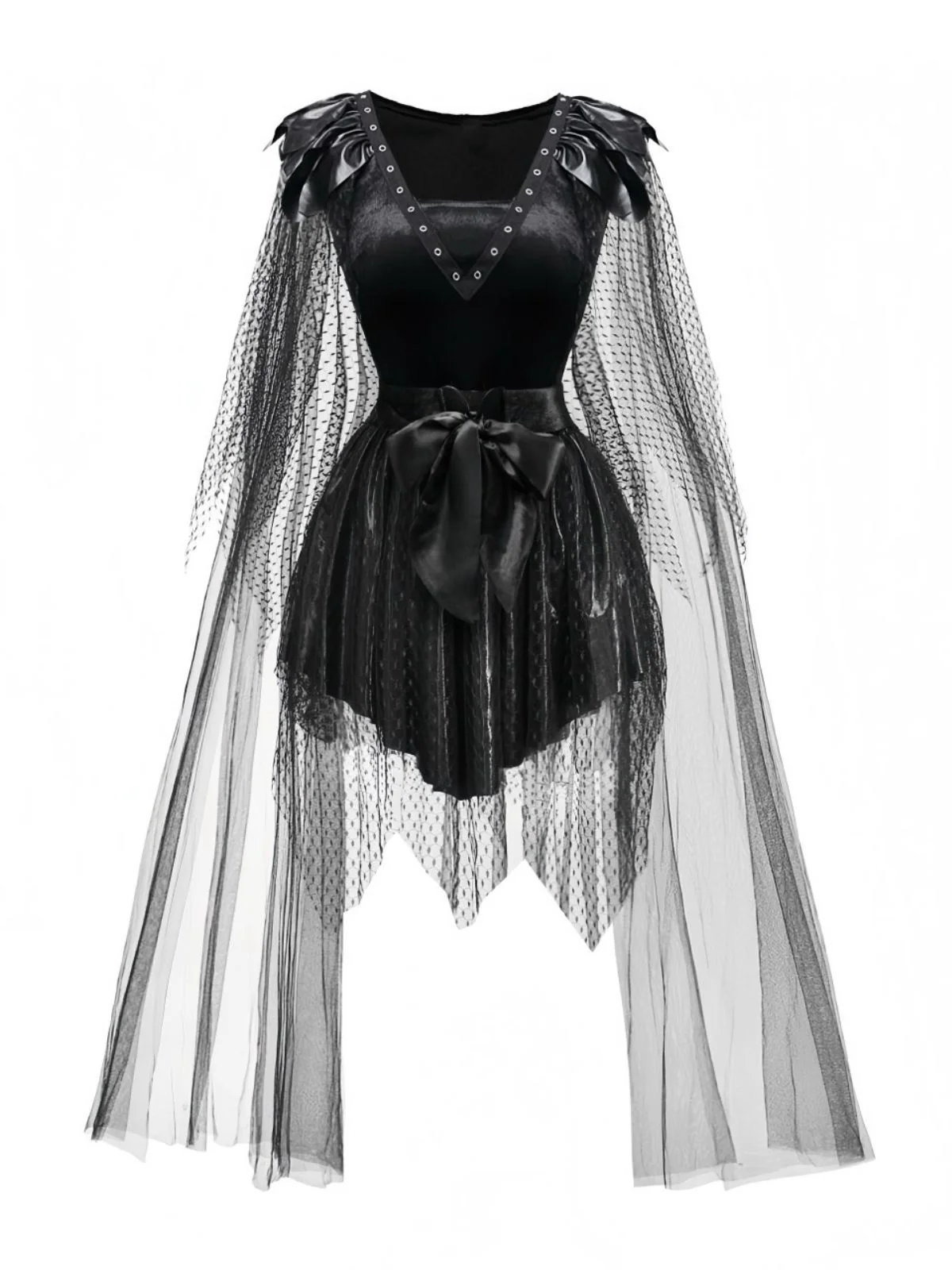 Black 1980s Devil Bat Punk Style Mesh Dress