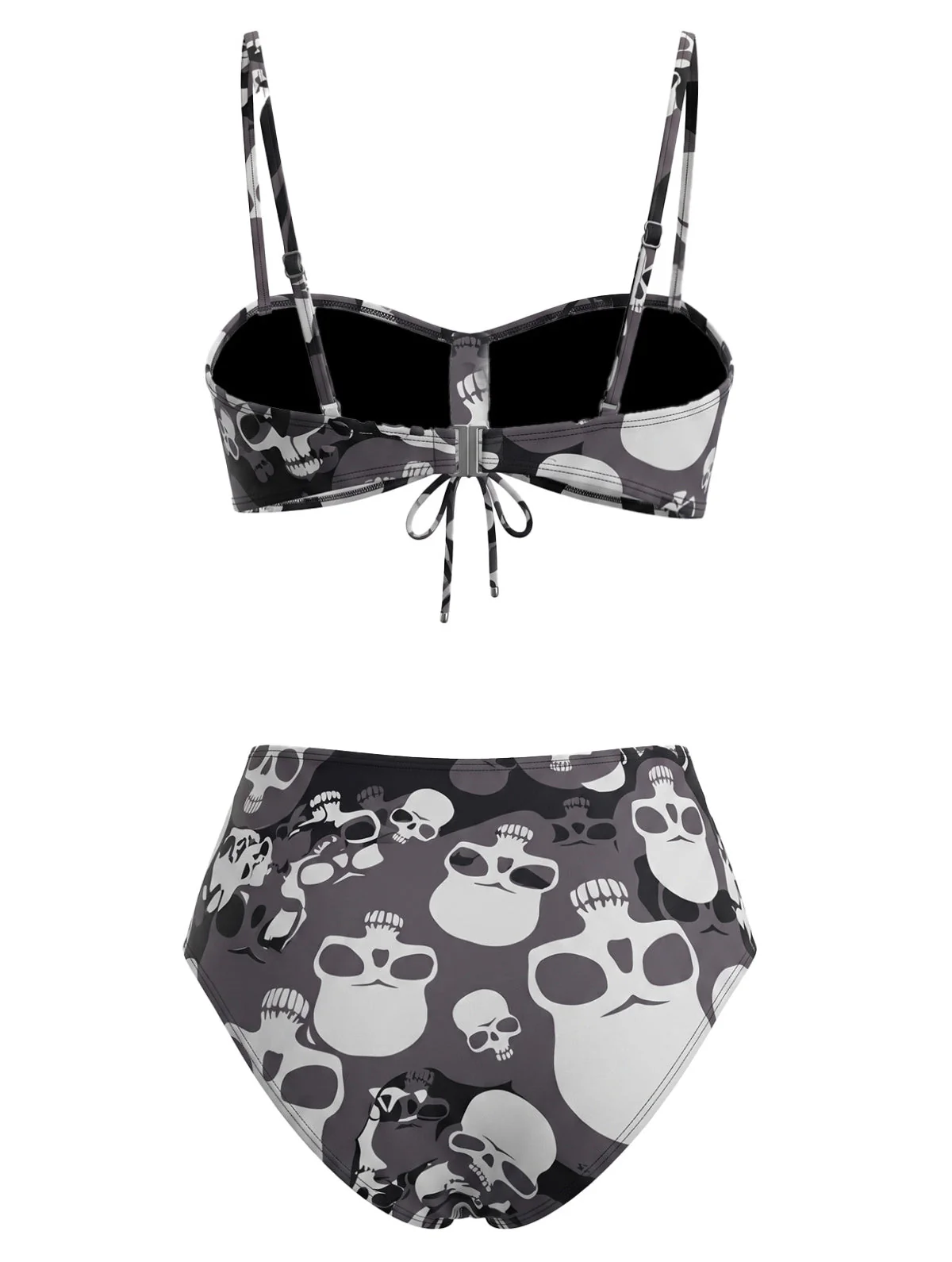 Black 1980s Gothic Skull Printed Drawstring Bikini Set - Image 3