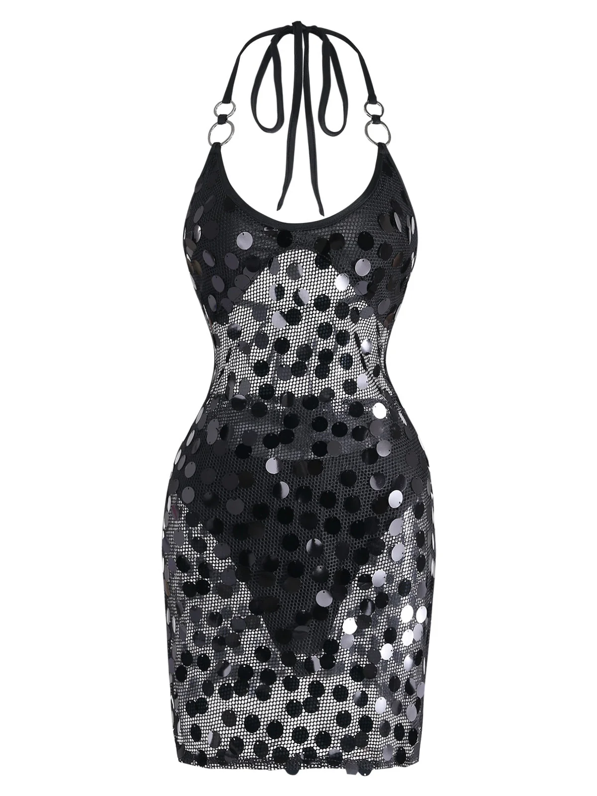 Black 1980s Halter Backless Sequin Mesh Cover-Up