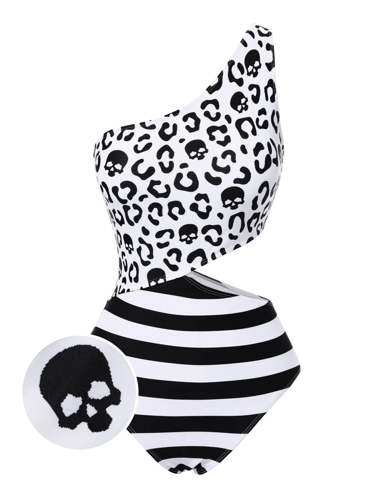 Black 1980s One-Shoulder Hollow Skull Stripe Swimsuit