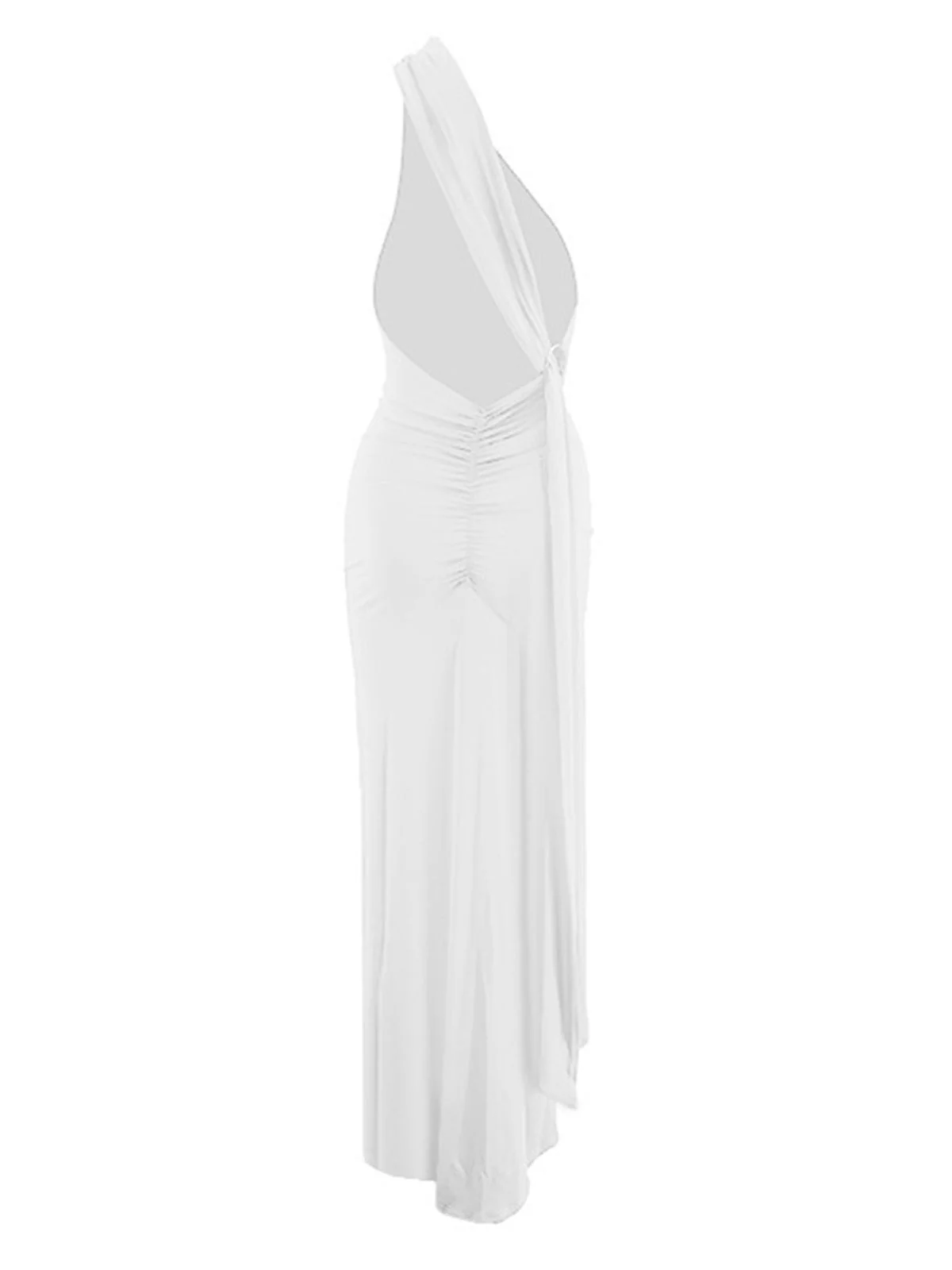 Black 1980s Solid One-Shoulder Evening Backless Dress with Train - Image 10