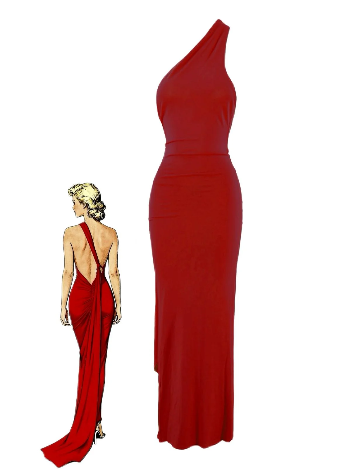 Black 1980s Solid One-Shoulder Evening Backless Dress with Train - Image 13