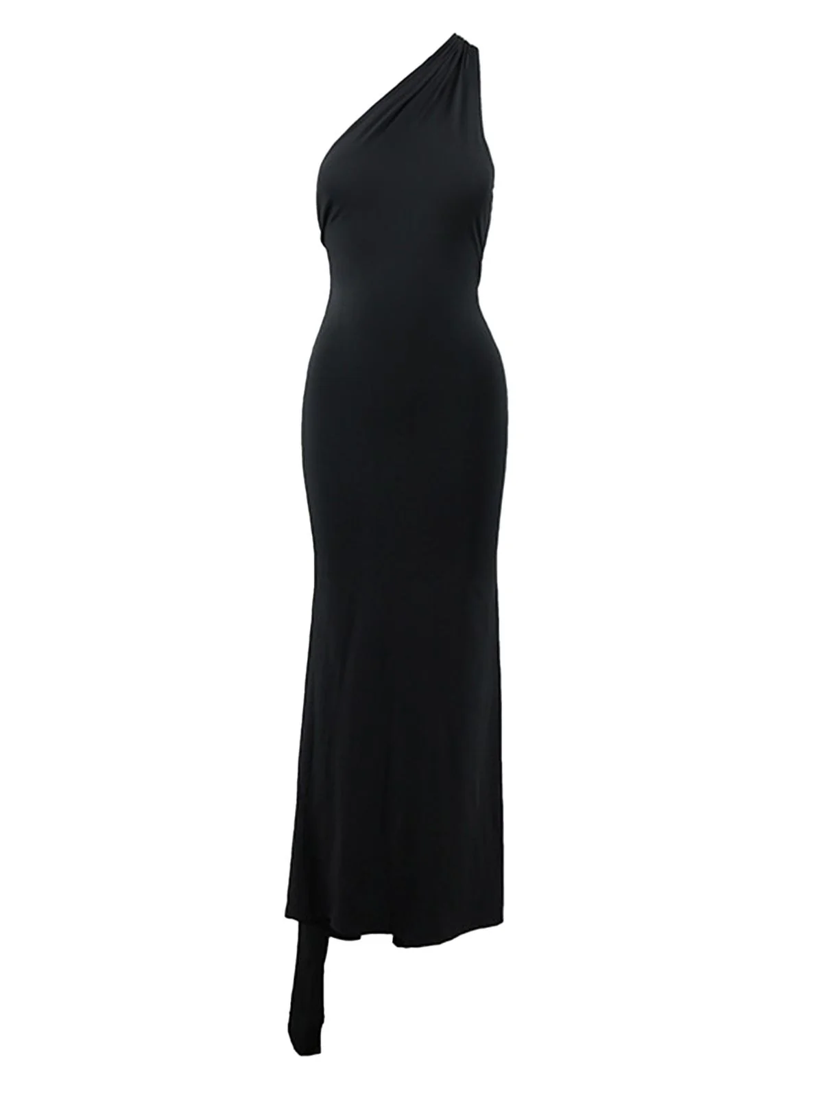 Black 1980s Solid One-Shoulder Evening Backless Dress with Train - Image 4