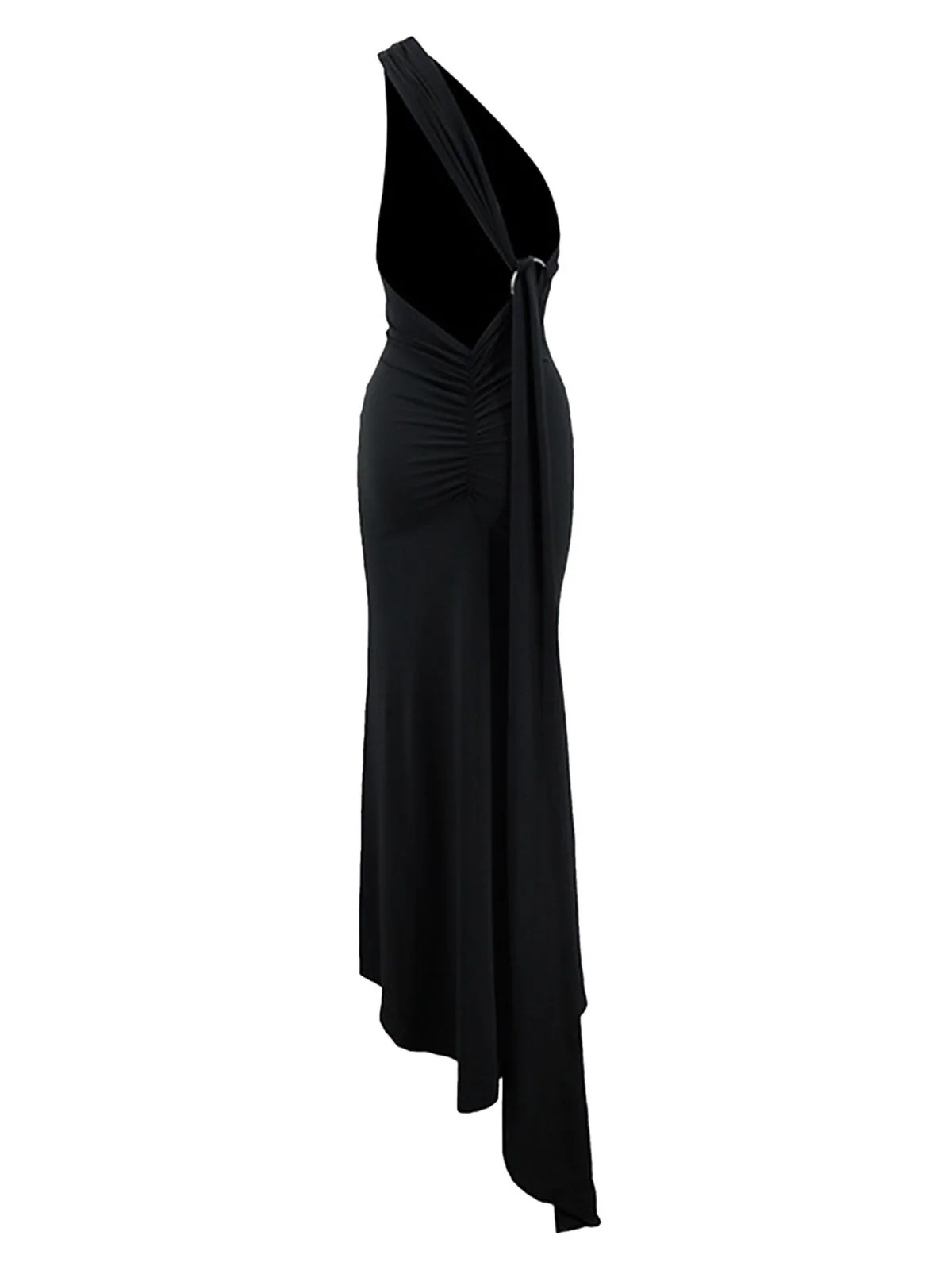 Black 1980s Solid One-Shoulder Evening Backless Dress with Train - Image 5