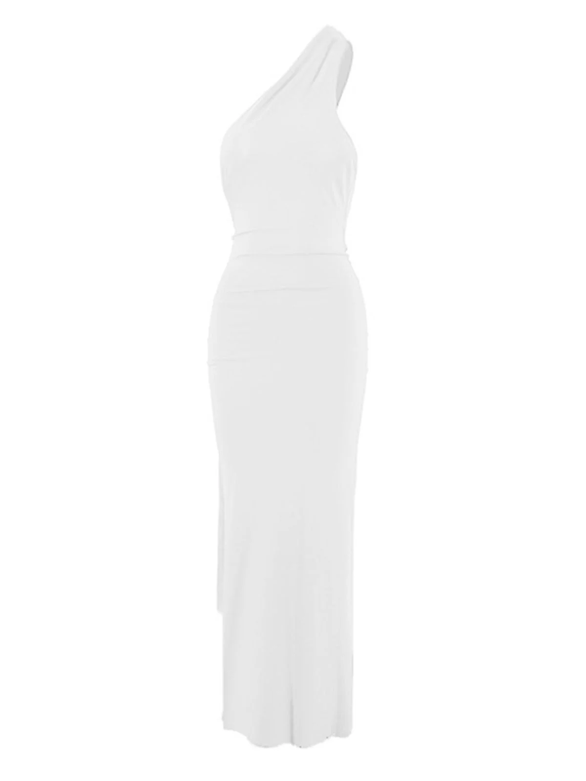 Black 1980s Solid One-Shoulder Evening Backless Dress with Train - Image 9