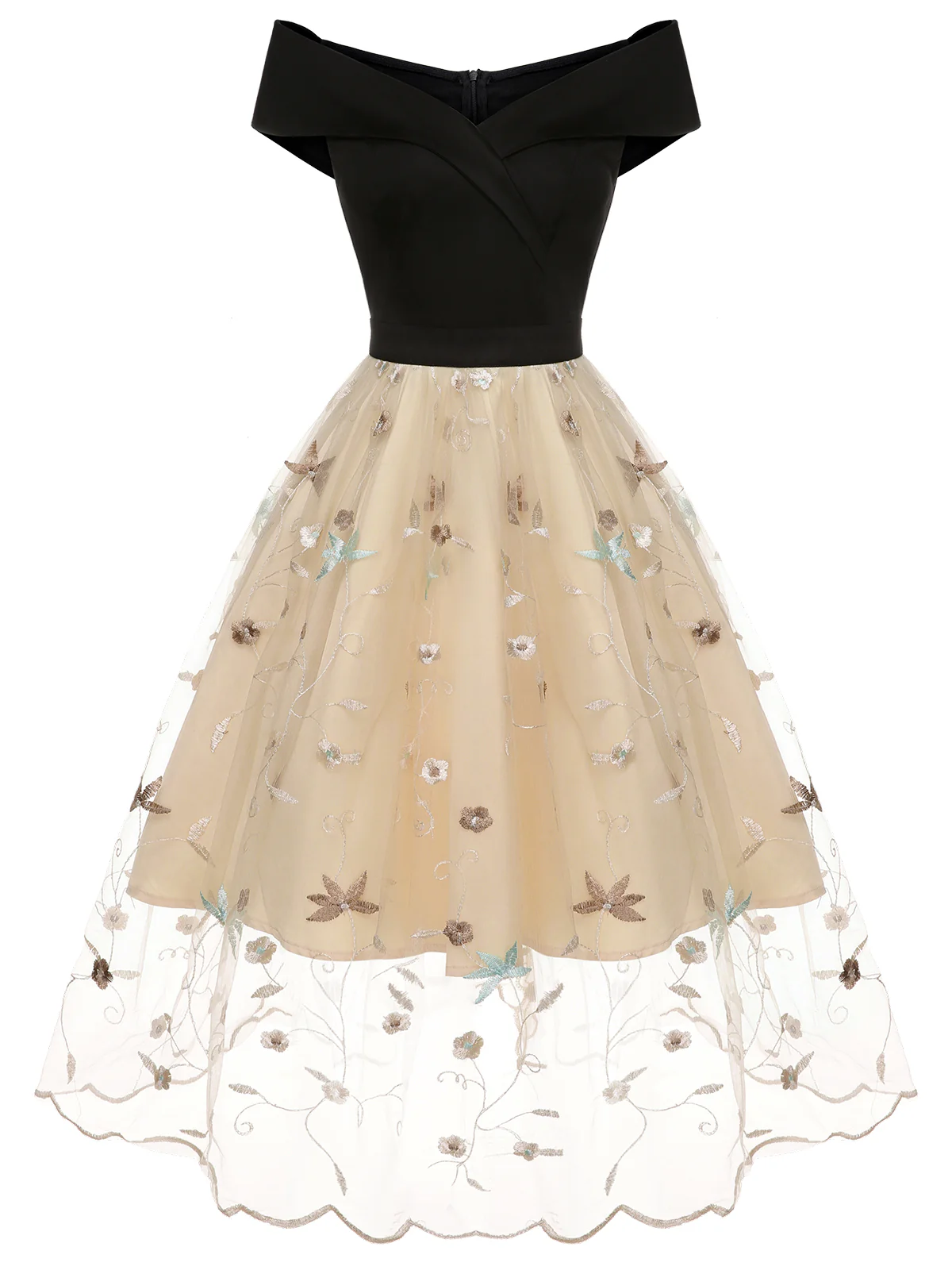 Black & Beige 1950s Floral Mesh Off-Shoulder Dress - Image 2