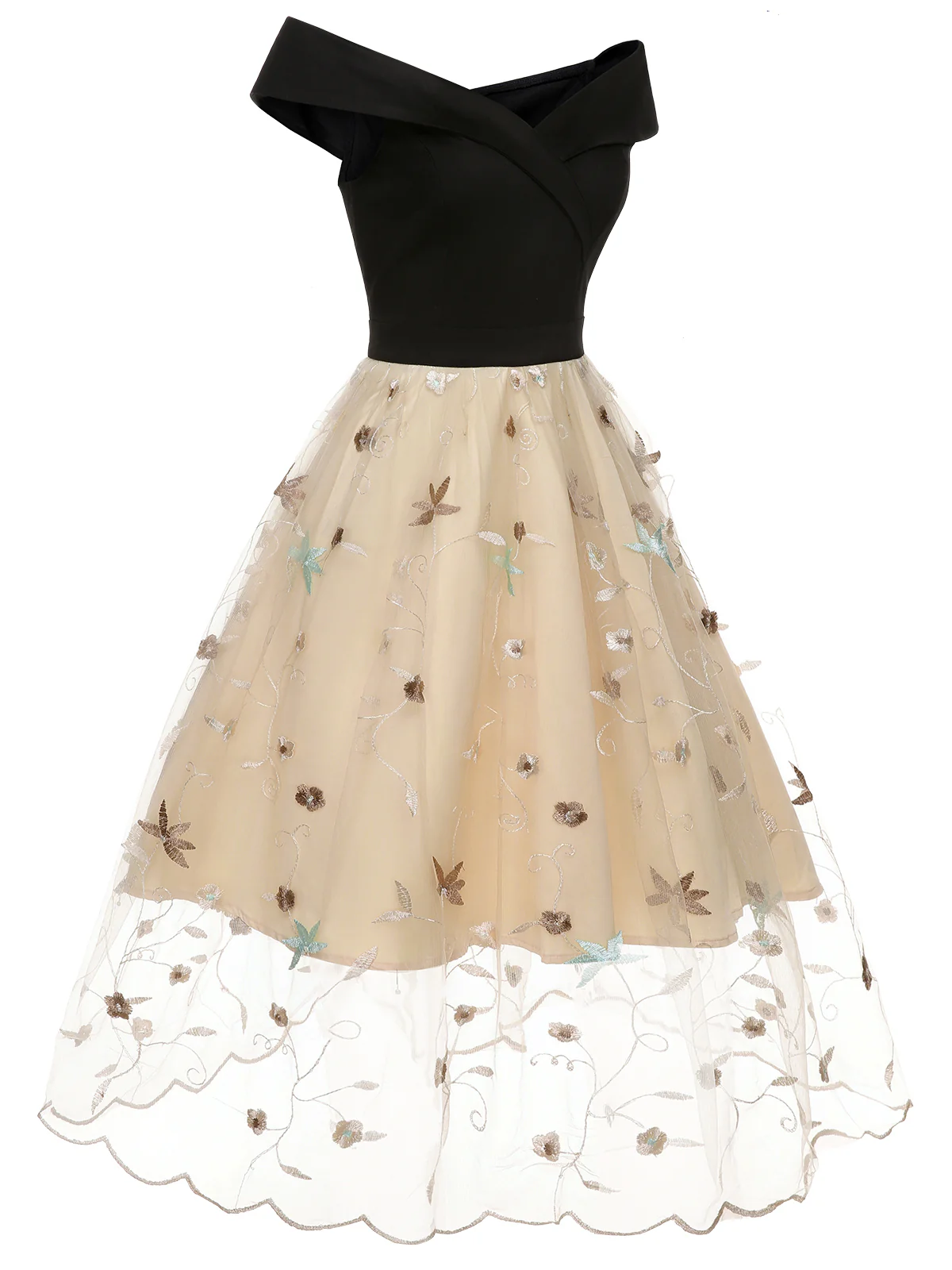 Black & Beige 1950s Floral Mesh Off-Shoulder Dress - Image 3
