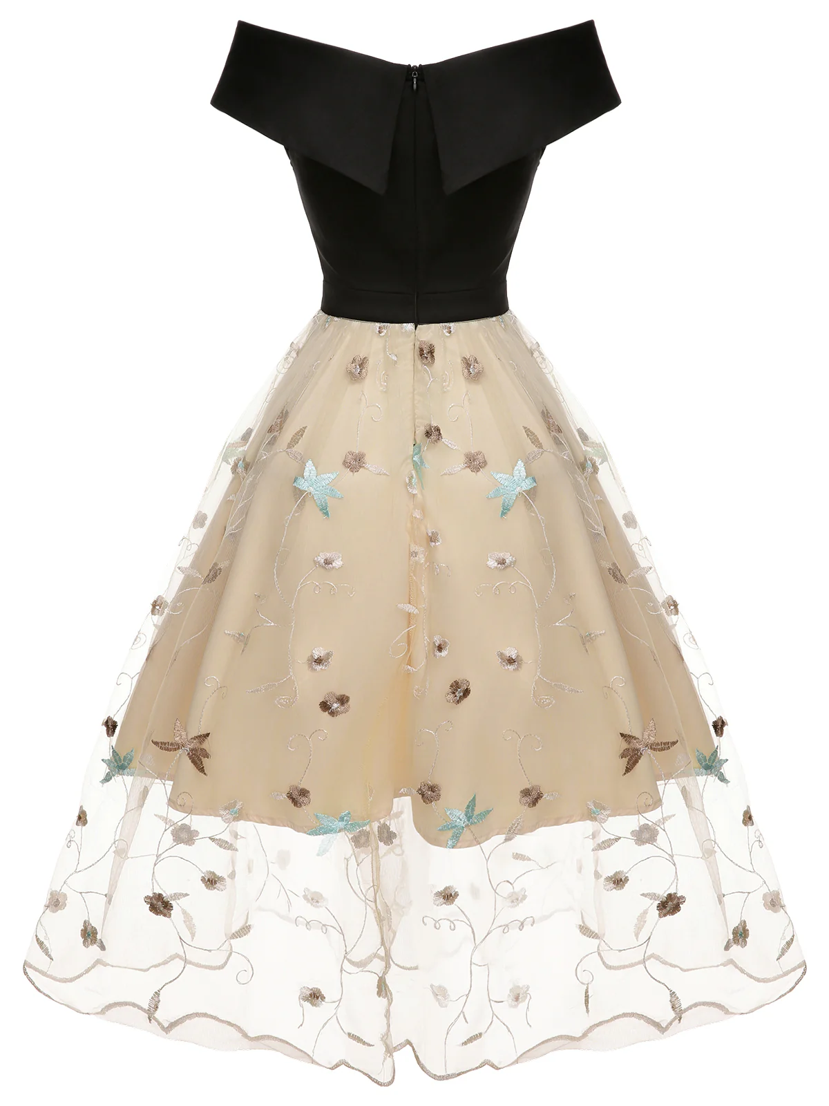Black & Beige 1950s Floral Mesh Off-Shoulder Dress - Image 4