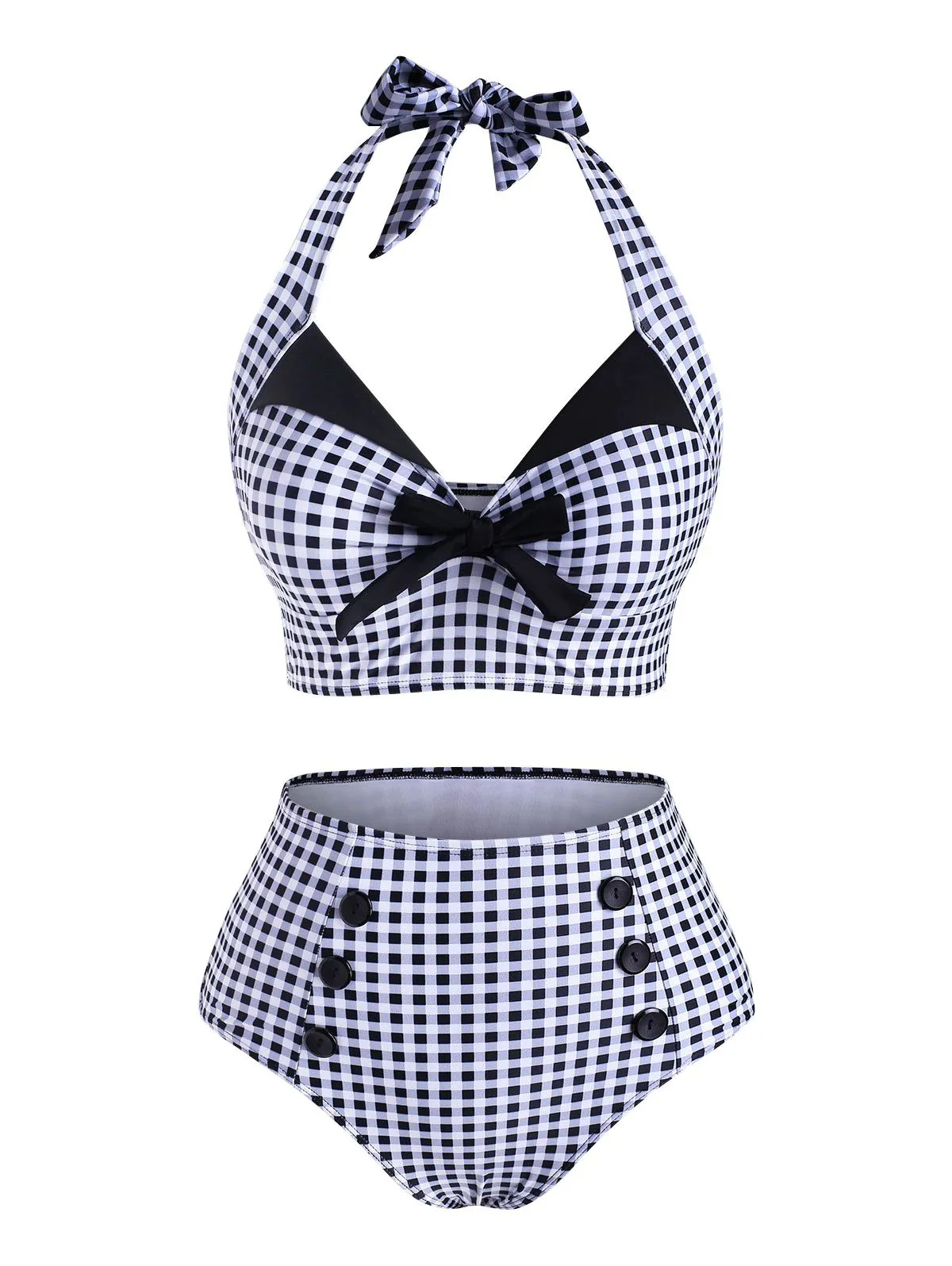Black Gingham Halter Bowknot Bikini Set - Image 2